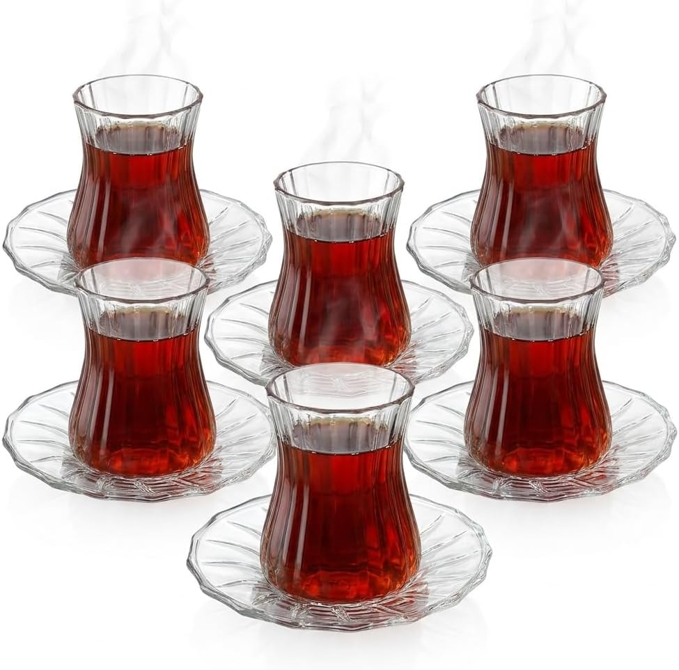 12 Parça Çay Seti - 6 Adet Fitil Desenli Cam Çay Bardağı ve 6 Adet Cam Çay Tabağı - Isıya Dayanıklı Çay Takımı