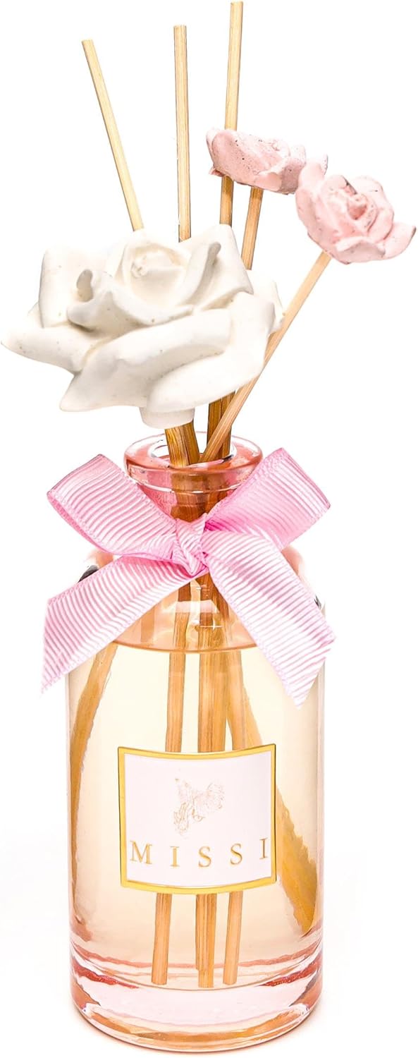 180 ml Pembe Cam Şişe Çiçek Seramik Taş Bambu Çubuklu Garden Rose-Pudra Oda Kokusu