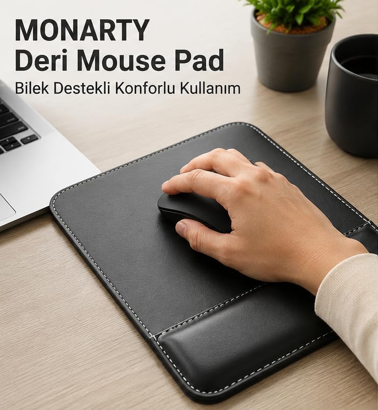 Deri Mouse Pad, Bilek Destekli, Ergonomik Tasarım, Kaymaz Taban, Ofis ve Ev Kullanımı için