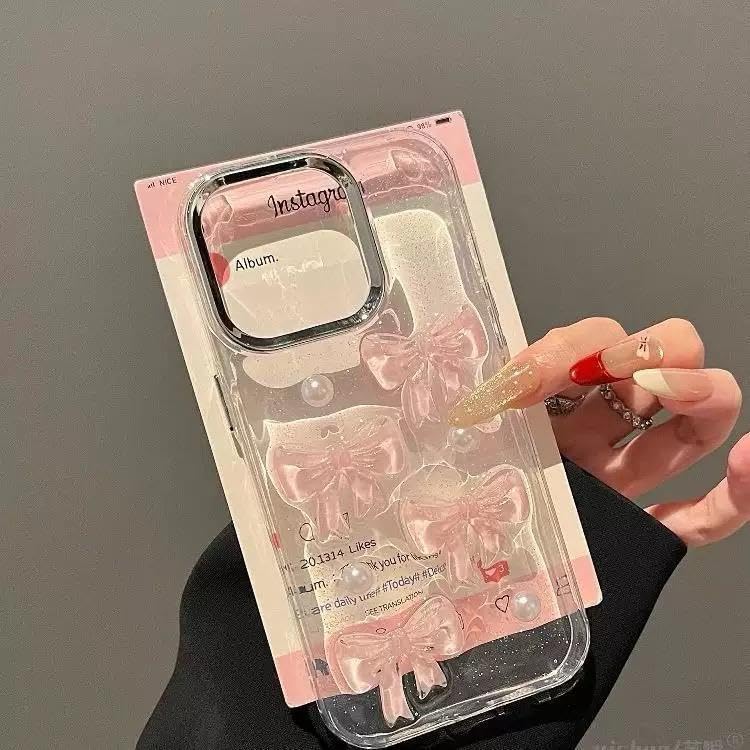 3D Pembe Kurdeleli Şeffaf Simli iPhone 15 Uyumlu Kılıf – Kamera Korumalı, Darbe Emici Silikon