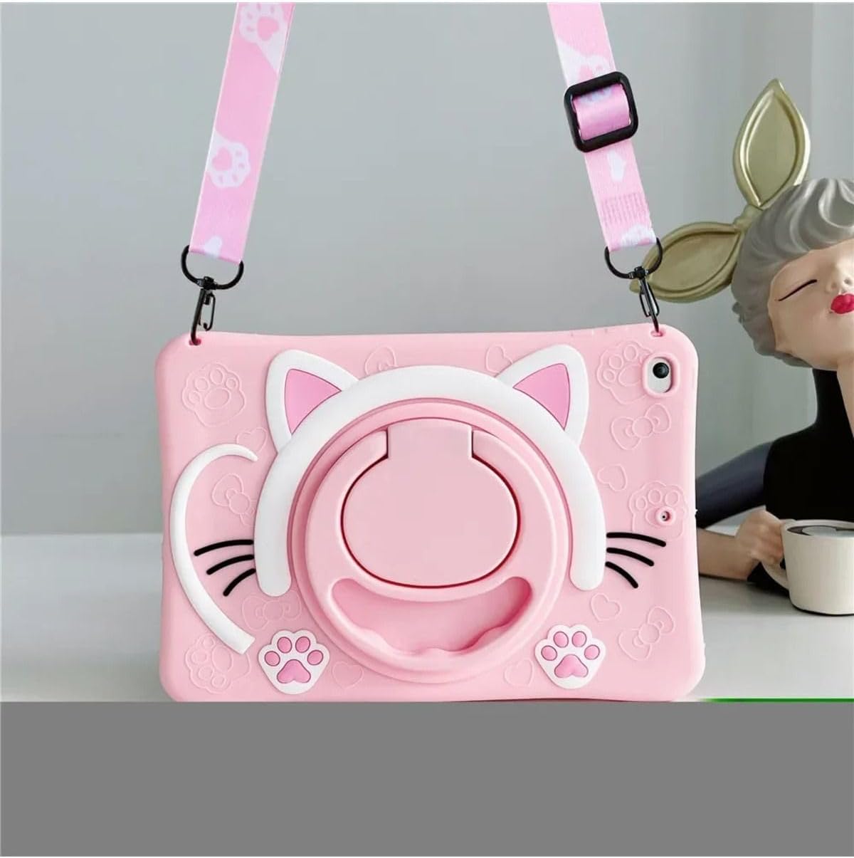 Alternative view of Covpor  Galaxy Tab A11 / A9 8.7 inç ile uyumlu Standlı Askılı Karakterli Çocuk Kılıfı - Kedi Pembe