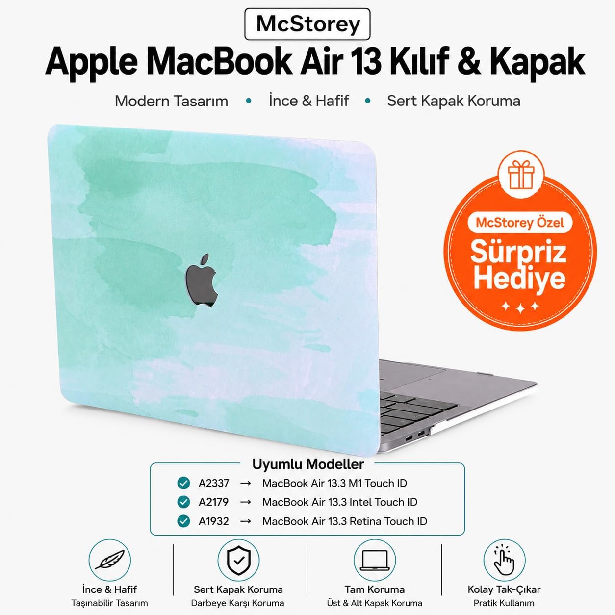 MacBook Air 13 İnç Kılıf A2337 M1 A2179 A1932 Uyumlu Hard Case Sert Kapak Suluboya Desenli UV Baskılı Koruyucu Kılıf İnce Hafif Laptop Kılıfı Açık Yeşil - Görsel 3