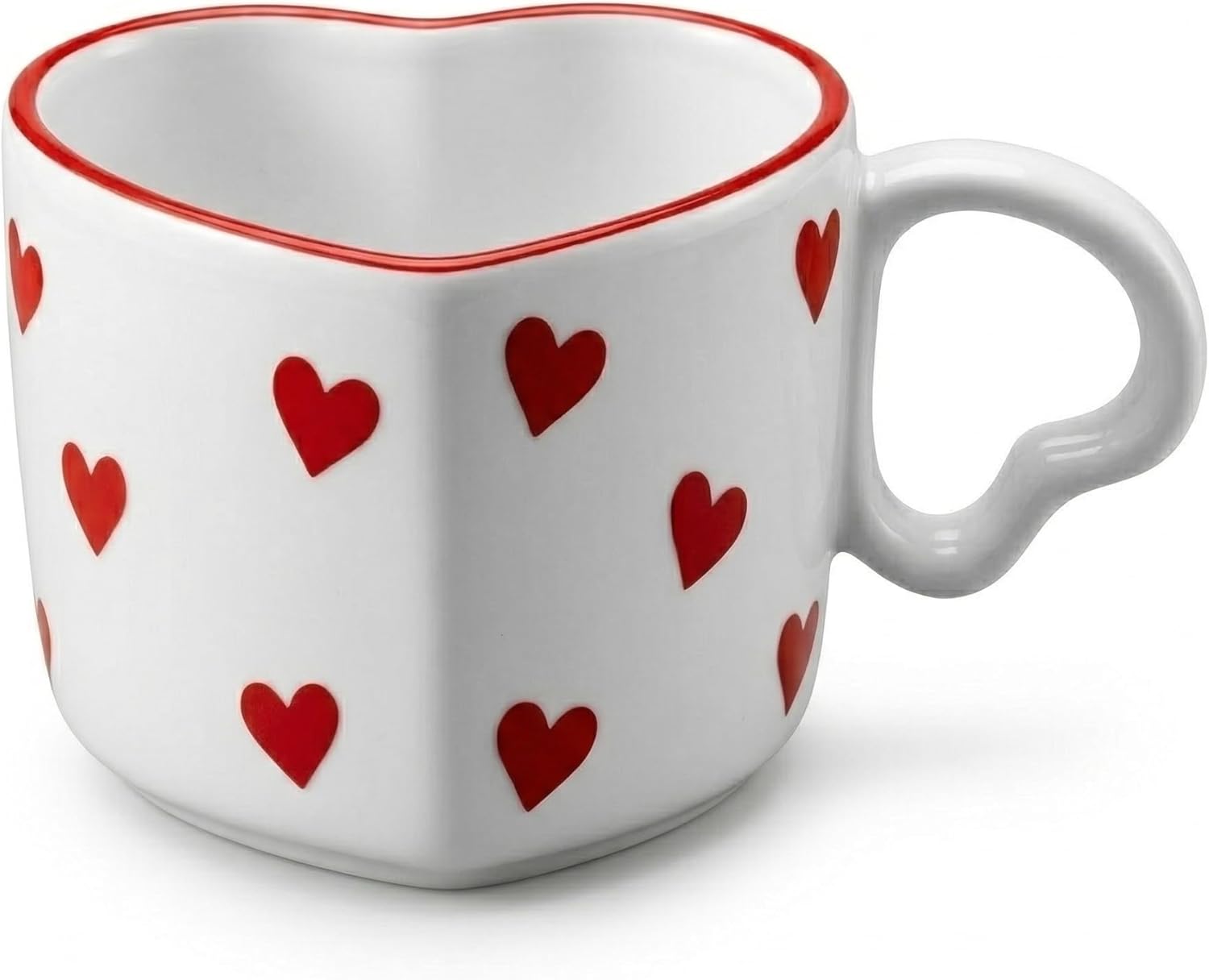 Seramik Kulplu Kupa Bardak, 250 Ml Geniş Kapasite, Kırmızı Kalp Desenli Tasarım, Ev Ofis Restoran İçin Kullanıma Uygun El Yapımı Seramik Kulplu Çay Kahve Espresso Latte Sunum Bardağı - Görsel 2