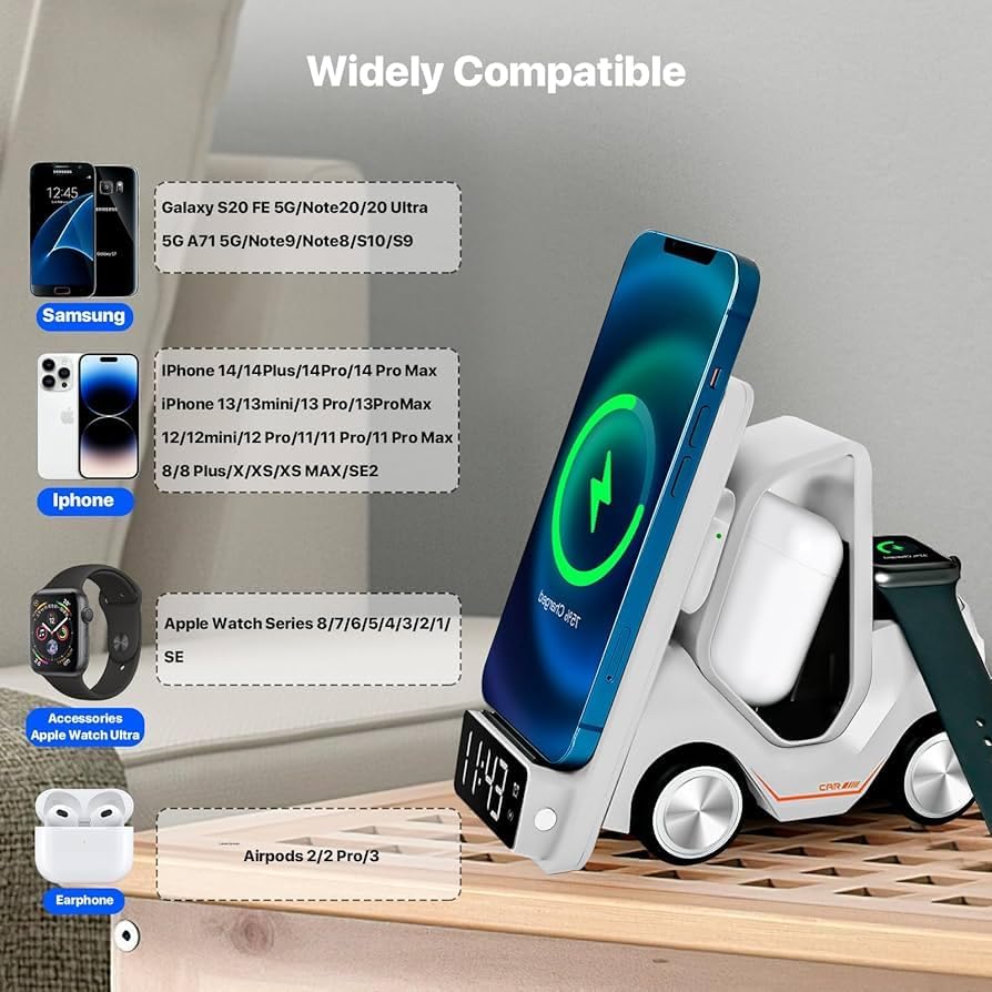 T20 15W 5’i 1 Arada Magsafe Kablosuz Şarj İstasyonu, Dijital Saatli Forklift Tasarım, iPhone 16/15/14/13/12, Apple Watch, AirPods Uyumlu Masaüstü Hızlı Şarj Standı (Beyaz) - Görsel 3