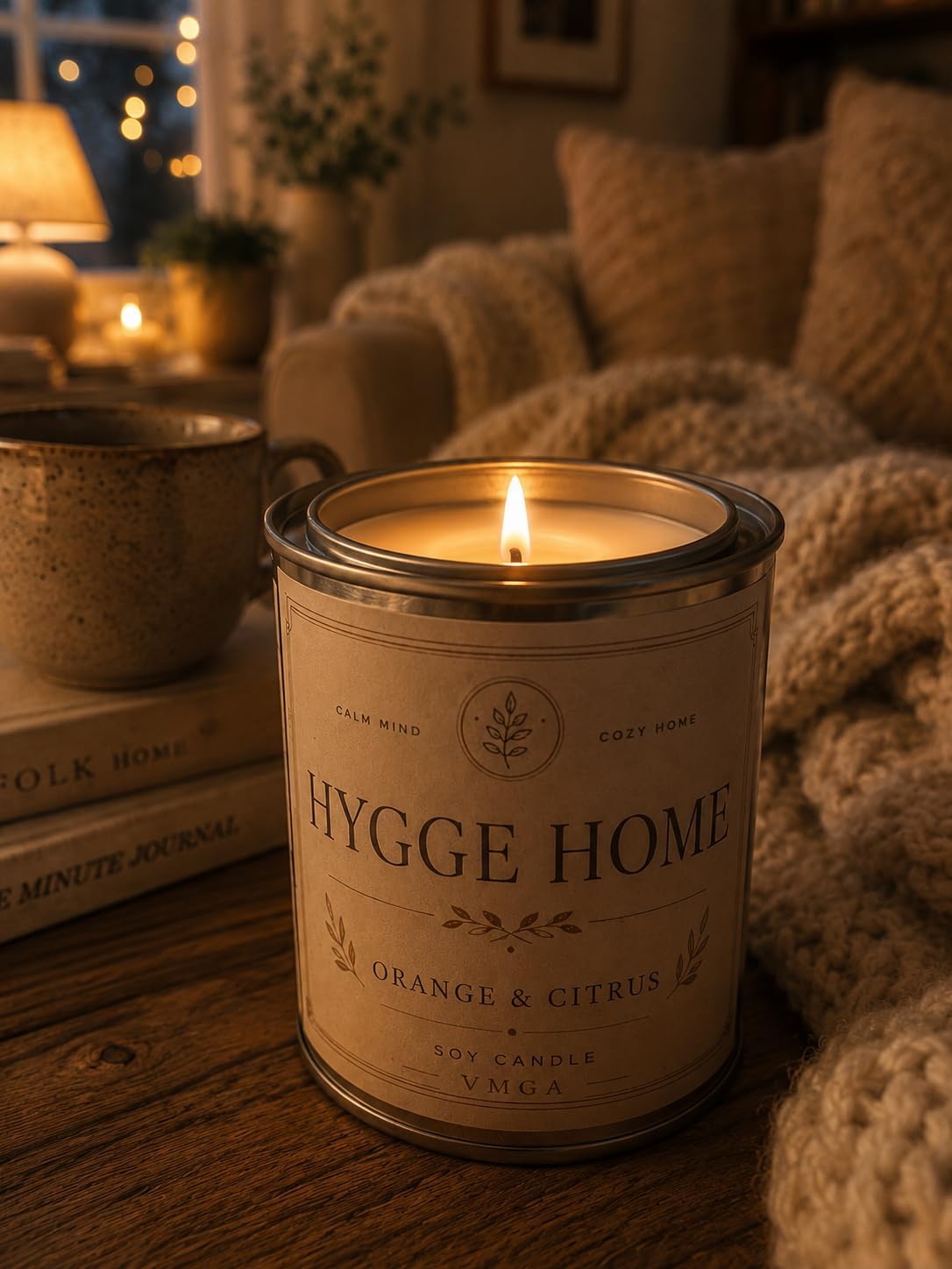 VMGA Hygge Home Portakal & Narenciye Aromalı Soya Mum 220gr | Cozy Ev Dekorasyonu İçin Dekoratif Metal Kavanoz Mum | Rahatlatıcı İskandinav Hygge Atmosferi