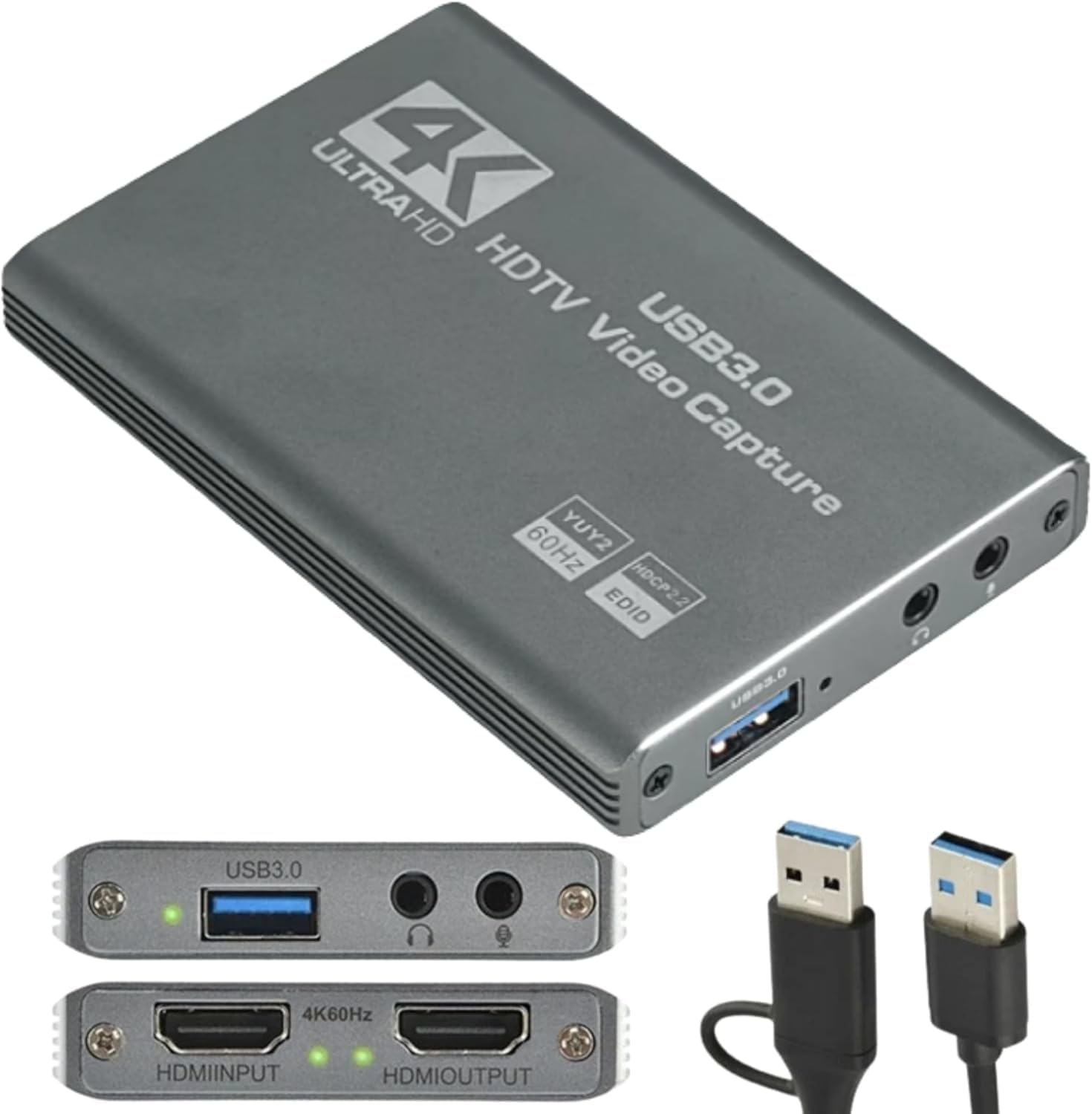 HDMI to USB 3.0 Video Capture Kartı Ses ve Görüntü Yakalama | 4K 60FPS Görüntü Aktarma, Ekstra Güç Gerektirmez, PS3 PS4 PS5 Xbox, Windows ve OS X ile Uyumlu Yayın Kayıt Cihazı, ZR1285, Gri