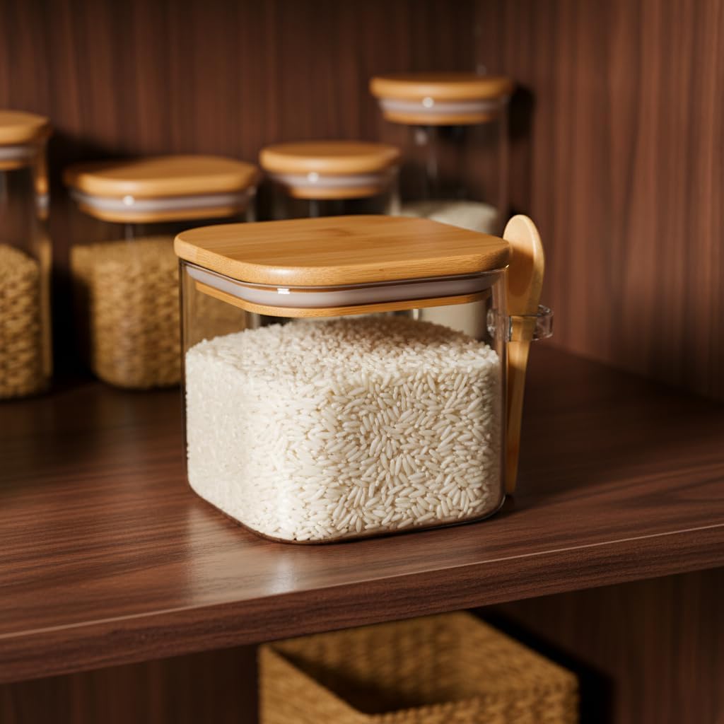 600 ml Bambu Kapaklı ve Kaşıklı Kare Cam Kavanoz, Vakumlu Ahşap Kapaklı Baharatlık, Kendinden Kaşık Yuvalı Şeker, Kahve ve Banyo Tuzu Saklama Kabı - Görsel 3