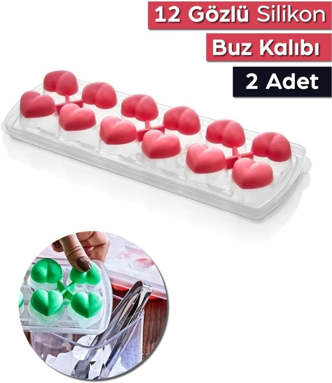 Alternative view of 2 Adet 12 Gözlü Kalpli Silikon Kalpli Buzluk Kalıbı Kapaklı