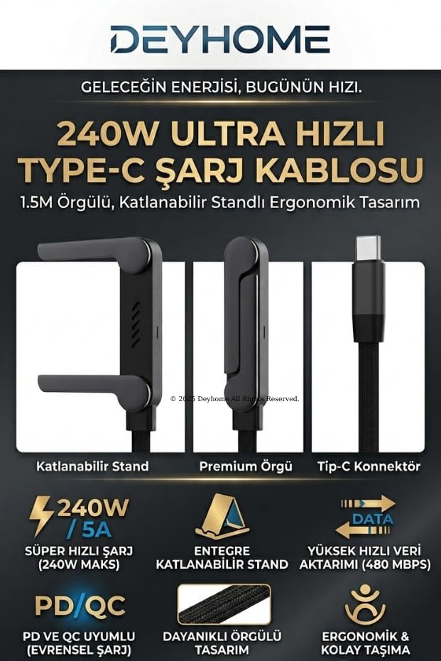 240W Ultra Hızlı Type-C Şarj Kablosu – 1.5M Örgülü, Katlanabilir Standlı Ergonomik Tasarım, PD Hızlı Şarj ve Data Aktarım Kablosu - Görsel 2