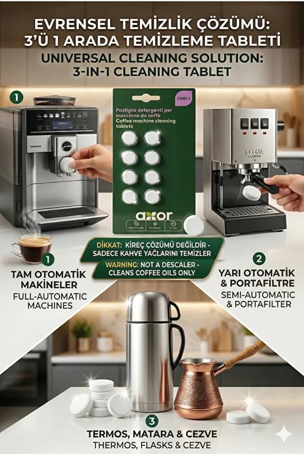 Alternative view of AXOR OTOMATİK KAHVE MAKİNESİ TABLETi 8 Lİ 1,5 GR Kahve Makinesi temizleme tableti,kahve yağı çözücü otomatik kahve makineleri için.
