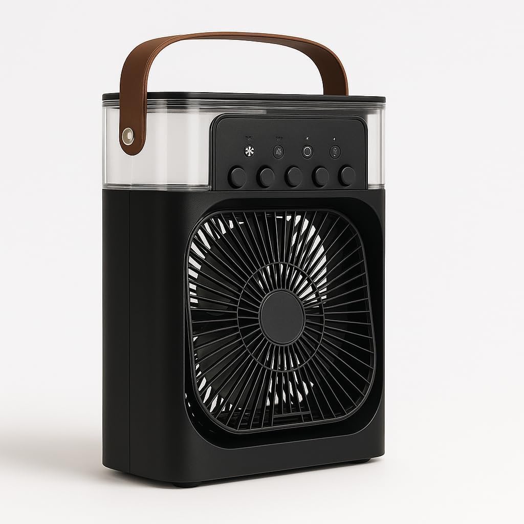 Şarjlı Soğutmalı Vantilatör - Siyah - 7 Renk LED Işıklı Mini Hava Soğutucu, Buharlı Nemlendirici, Parfüm Hazneli, Zaman Ayarlı, Taşınabilir USB Fan (Ev & Ofis İçin) - Görsel 3