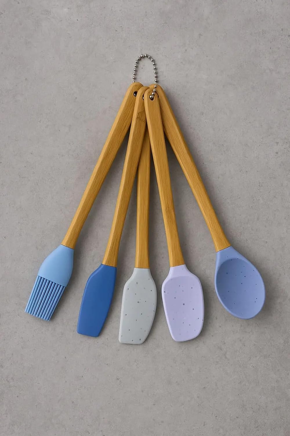 5'li Mini Silikon Uçlu Bambu Saplı Mutfak Spatula Seti - Yanmaz Yapışmaz Karıştırıcı, Fırça ve Hamur Kaşığı