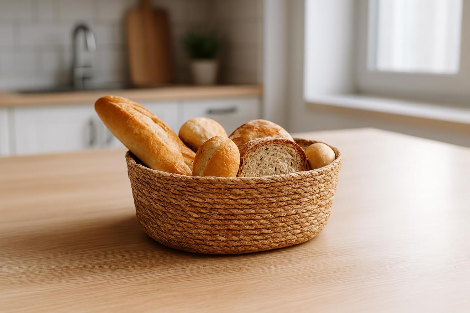 El Yapımı Hasır Ekmek Sepeti, Yıkanabilir Bez Astarlı Çok Amaçlı Oval Sunum ve Dekoratif Saklama Sepeti, Ekmeklik (22x16x8 cm)