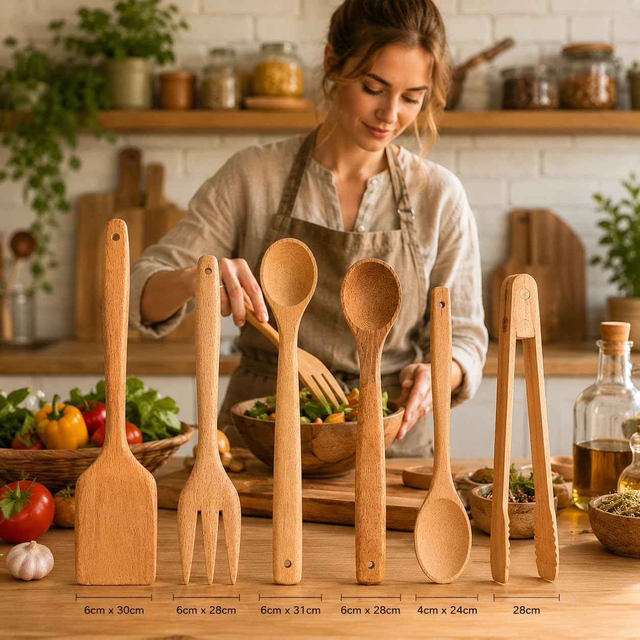 Doğal Şimşir Ağacından Ahşap Mutfak Seti, Spatula, Çatal, Kaşık ve Maşa, 6 Parça, Doğal Renk - Görsel 2
