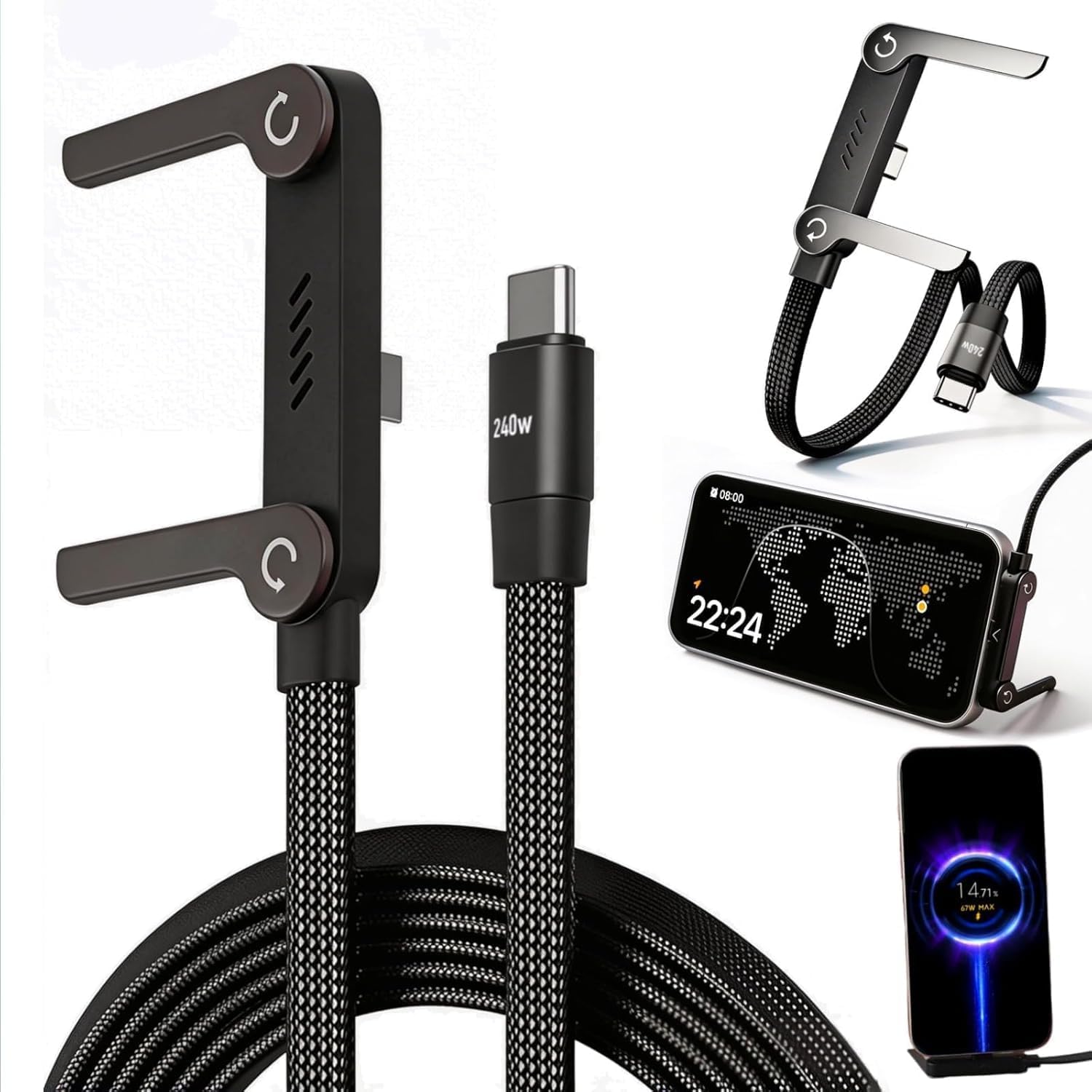 Alternative view of Yeni Pro tech 240W Destekli Standlı 1,5Metre Siyah Hasır Kablo Type-c Girişli Şarj Kablosu