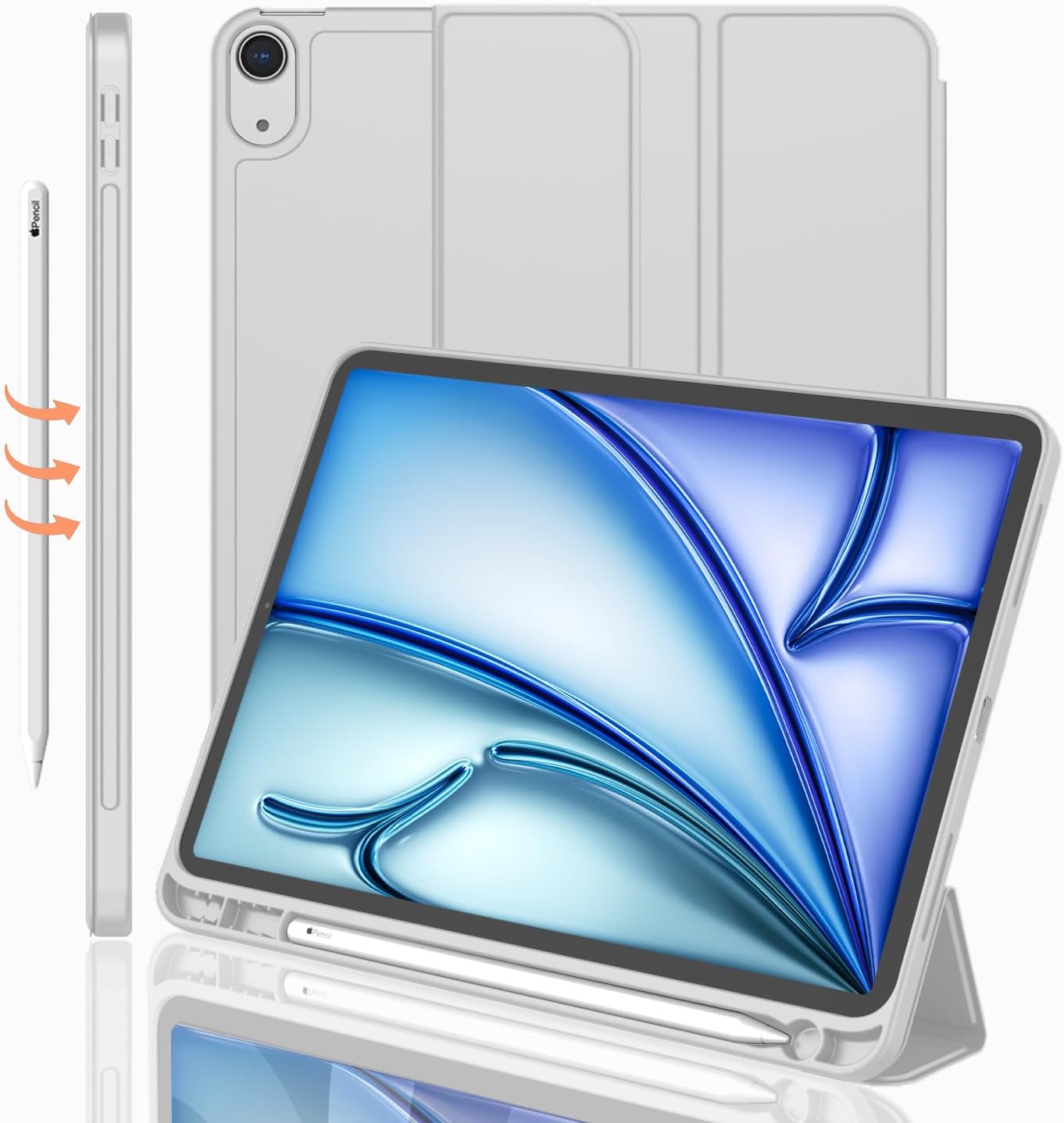 iMieet iPad Air 11 İnç Kılıf M3(2025) / M2 (2024), iPad Air 5. / 4. Nesil Kılıf 2022/2020 10,9 İnç Kalem Tutuculu, Yumuşak TPU Arka Kısımlı Üç Katlı Akıllı Kılıf (Açık Gri)
