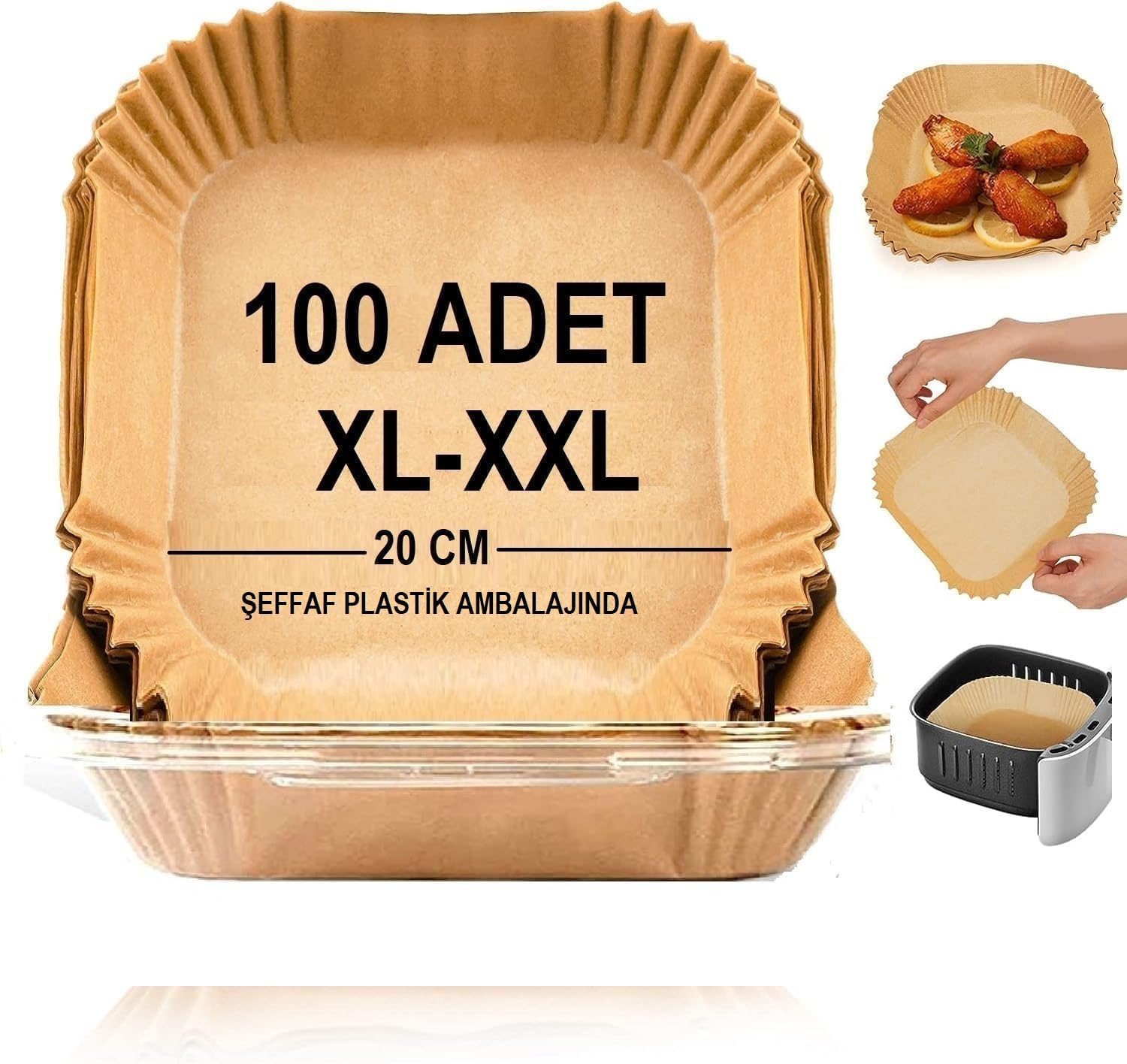 Airfryer Pişirme Kağıdı,Xl-Xxl Büyük Boy, Kare, 100 Adet Hava Fritöz Parşömen Fırın Kağıdı Tek Kullanımlık Kağıt Fırın Fritöz Pişirme Kızartma Tavası Için Uygun 20CM - Görsel 3
