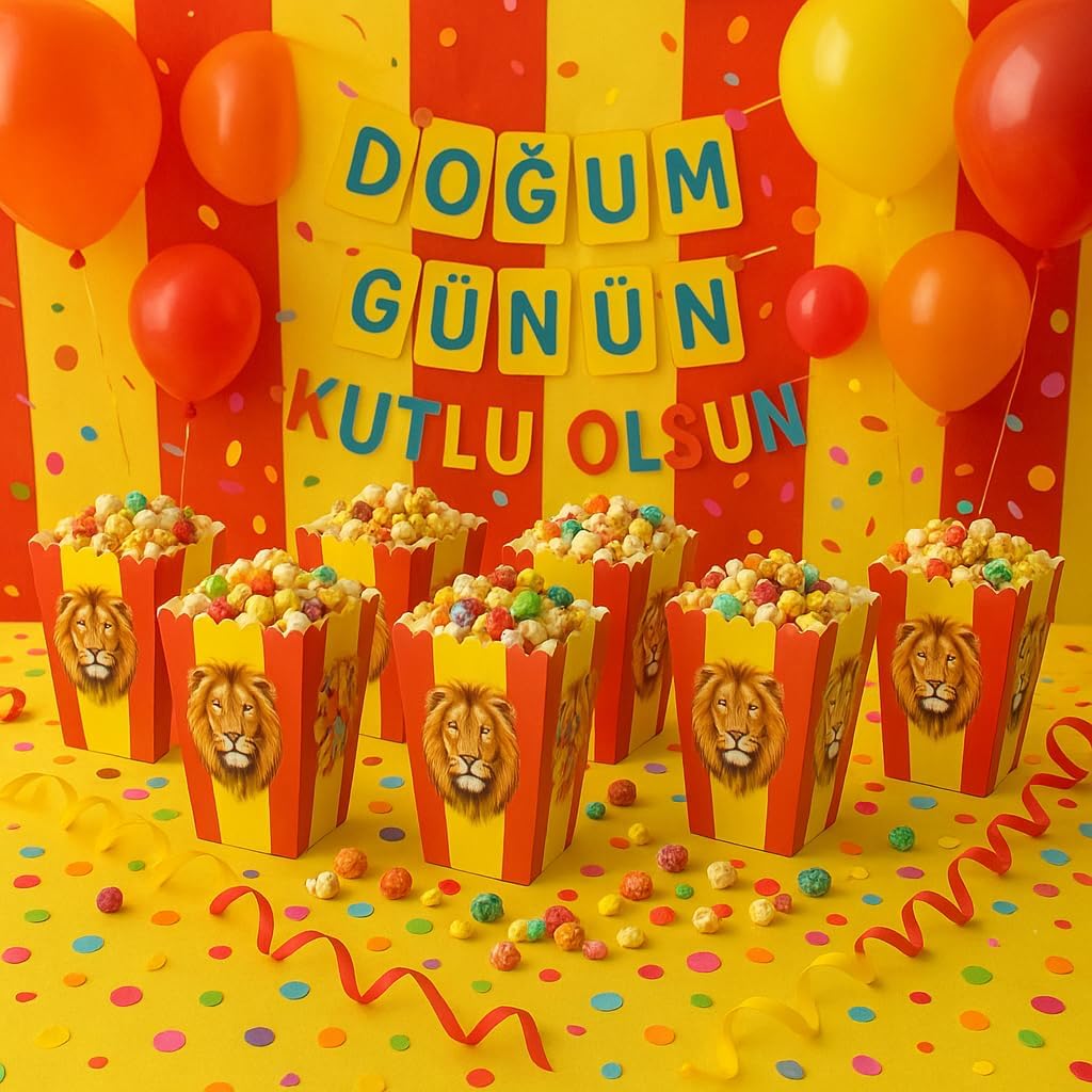 Sarı Kırmızı Aslan Temalı Popcorn Kutusu, 8'li Set, Doğum Günü Parti Malzemesi - Görsel 3