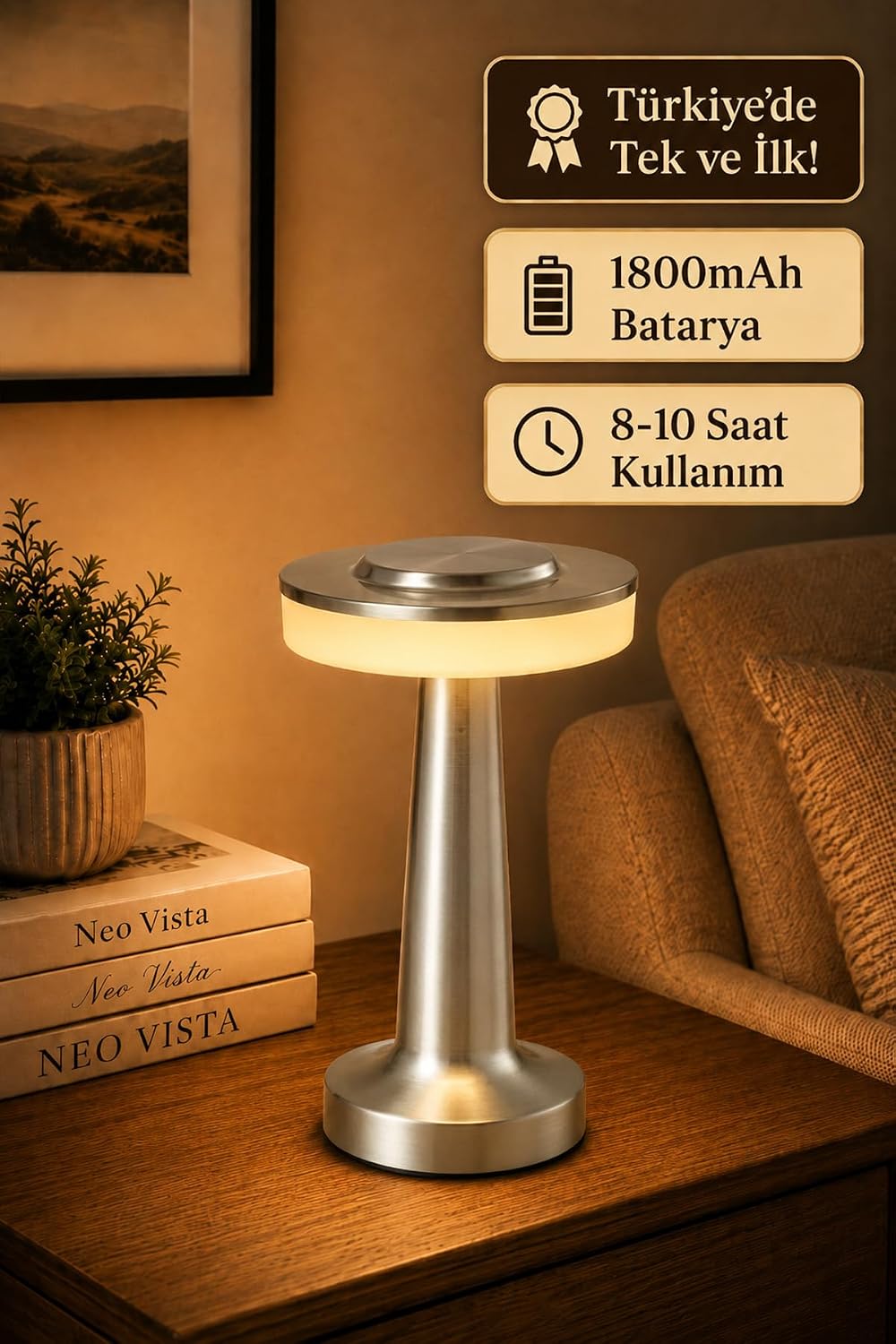 Alternative view of Neo Vista Dokunmatik Masa Lambası, Şarjlı, Dim Edilebilir, Dekoratif, Silver Gümüş Renkli