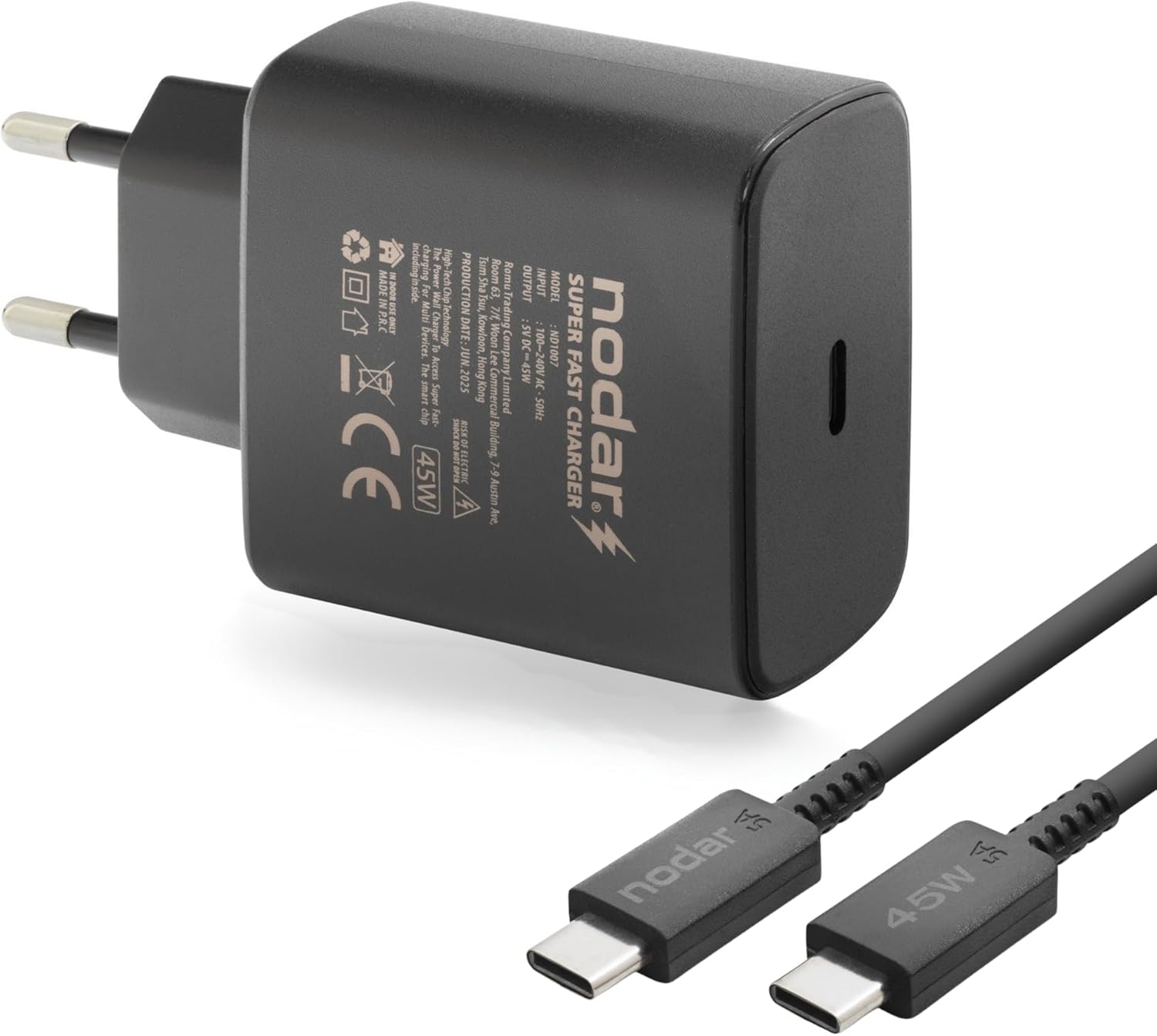 Nodar 45W Süper Hızlı USB-C Şarj Aleti Seti | 1 Metre Type-C to Type-C Kablo Dahil | PD Hızlı Şarj, Kısa Devre ve Yüksek Voltaj Korumalı | Siyah, ND1007