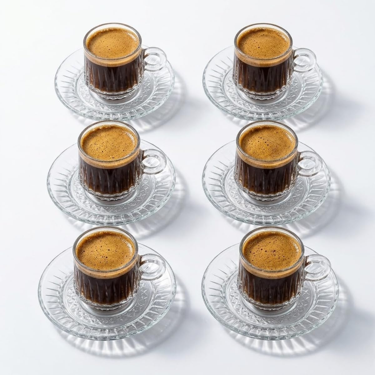 6’lı Cam Kahve Fincanı Seti Şeffaf Çizgili Tasarım Tabaklı Espresso Türk Kahvesi Sunum Fincan Takımı 6 cm - Görsel 2