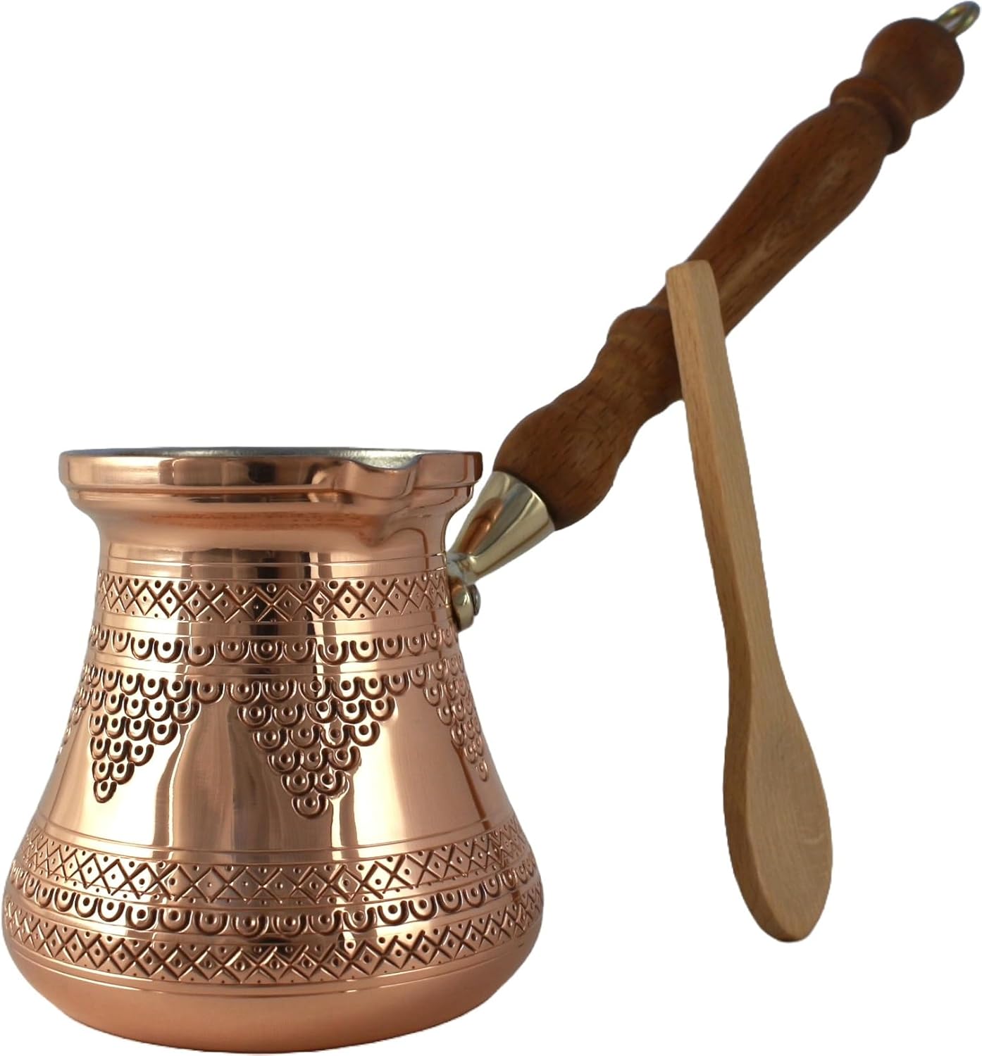 DEDE Copper - PCZ Serisi (Large-14fl.oz) - Ahşap Saplı En Kalın Katı Bakır Oymalı/Dövülmüş Türk Yunan Arap Kahve Demliği, Ocak Üstü Kahve Makinesi Cezve, Jezve, Jazva, Ibrik, Briki (Parlak) - Görsel 3