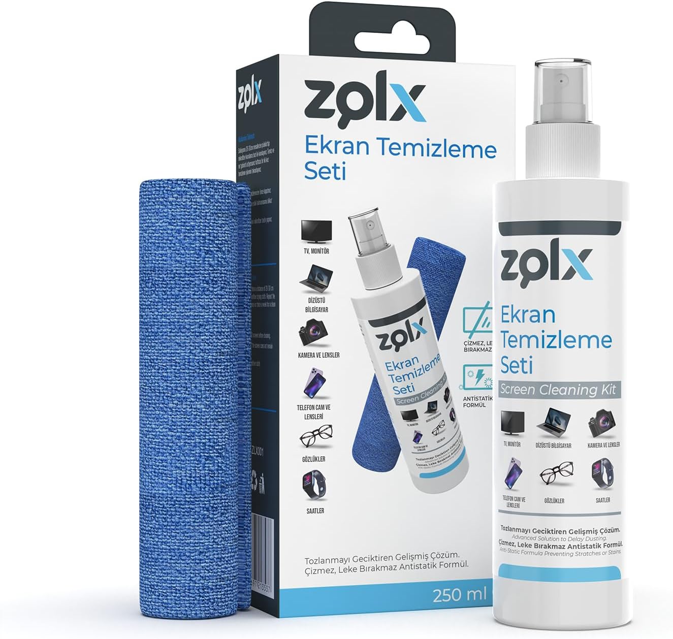 Zolx Ekran Temizleme Seti 250ML + Temizleme Bezi Lcd, Led, Ekran, Laptop, Tablet, Bilgisayar, Televizyon, Cep Telefonu, Gözlük, Kamera, Koruyucu Ve Parlatıcı Doğal Temizleme - Görsel 3