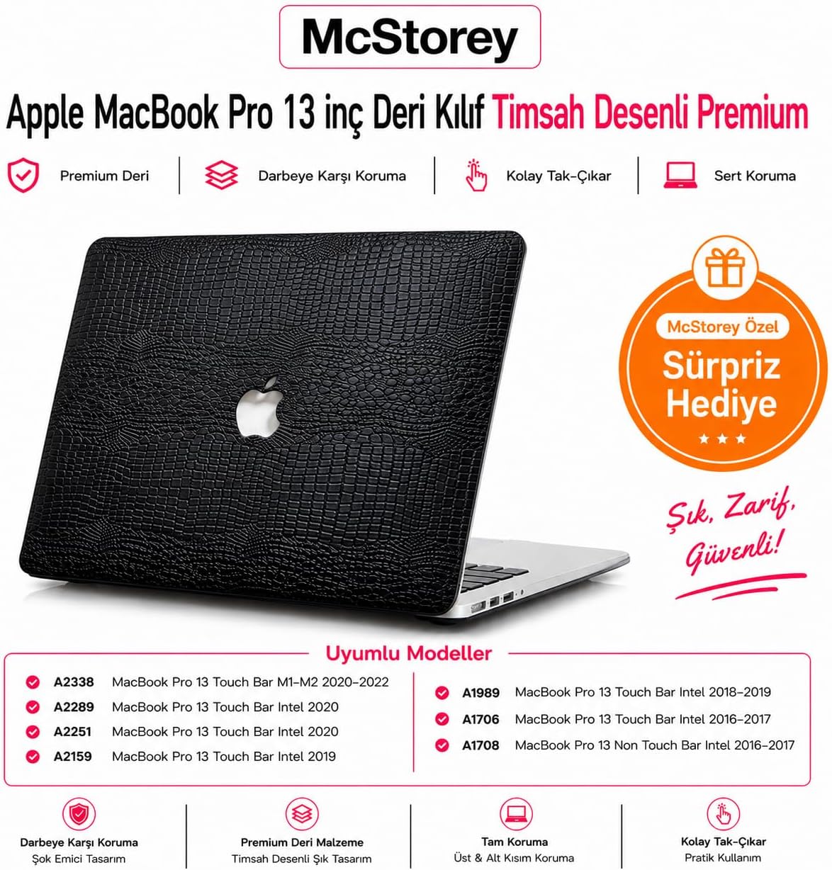 Alternative view of MacBook Pro 13 inç Kılıfı A1708 A1706 A1989 A2159 A2251 A2289 A2338 M1 M2 Uyumlu Sert Kapak Timsah Desenli Deri Dokulu 360° Koruma Siyah