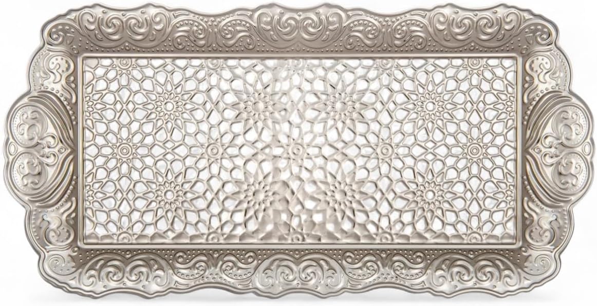 Osmanlı Motifli Küçük Metal Servis Tepsisi – Dekoratif Sunum Tepsisi, 36 x 18 cm, 306 g (Gümüş Grisi) - Görsel 3