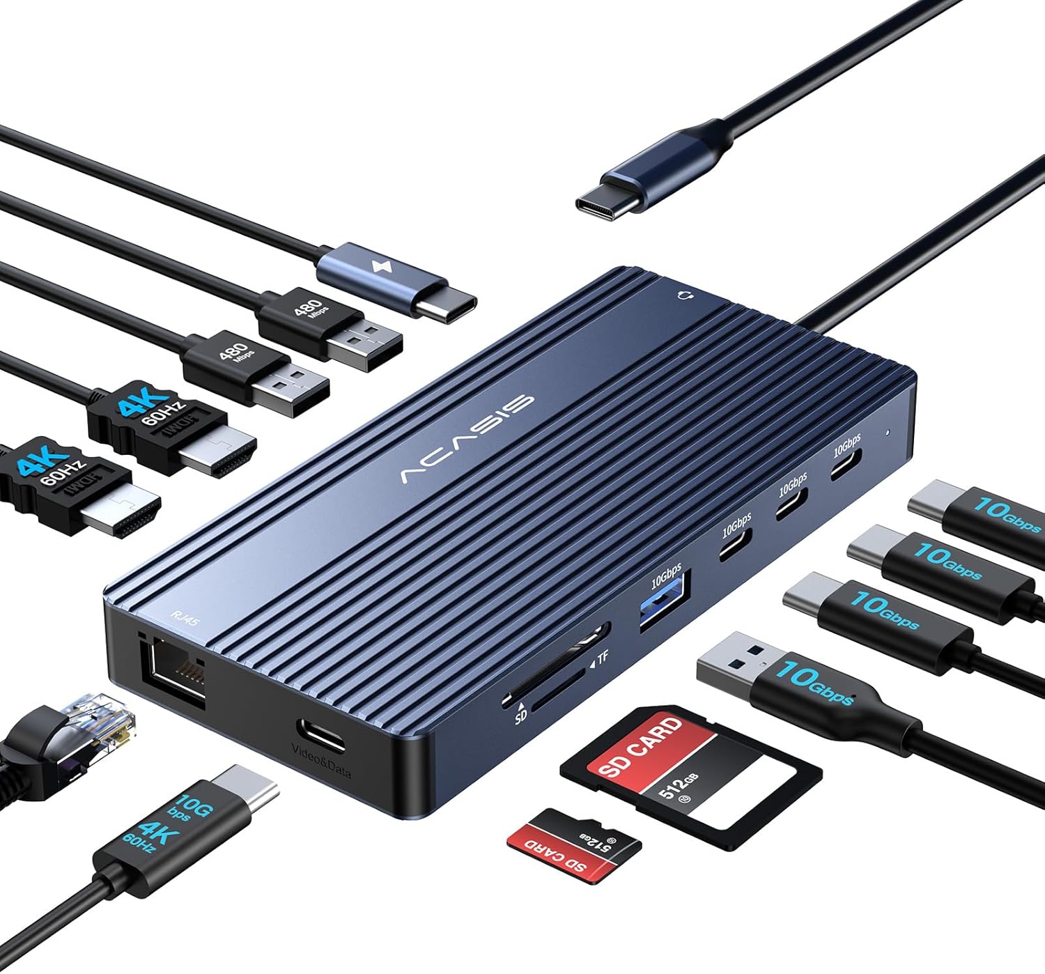 Alternative view of ACASIS Çift Monitör Yerleştirme İstasyonu, HDMI 4K @ 60 Hz, 14'ü 1 Arada Dizüstü Bilgisayar Yuvası, 10 Gbit/s (USB-C Video + Veri, 3 x USB C, USB A) Ethernet, 100 W PD, SD/TF, 3,5 mm Ses, Siyah
