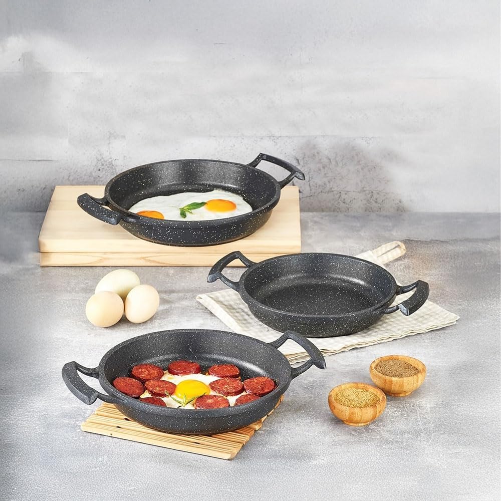 3'lü Döküm Sahan Seti, 3'lü Yumurta, Omlet Tavası, 3 Boy Döküm Siyah Granit Sahan Tava (22cm-20cm-18cm)