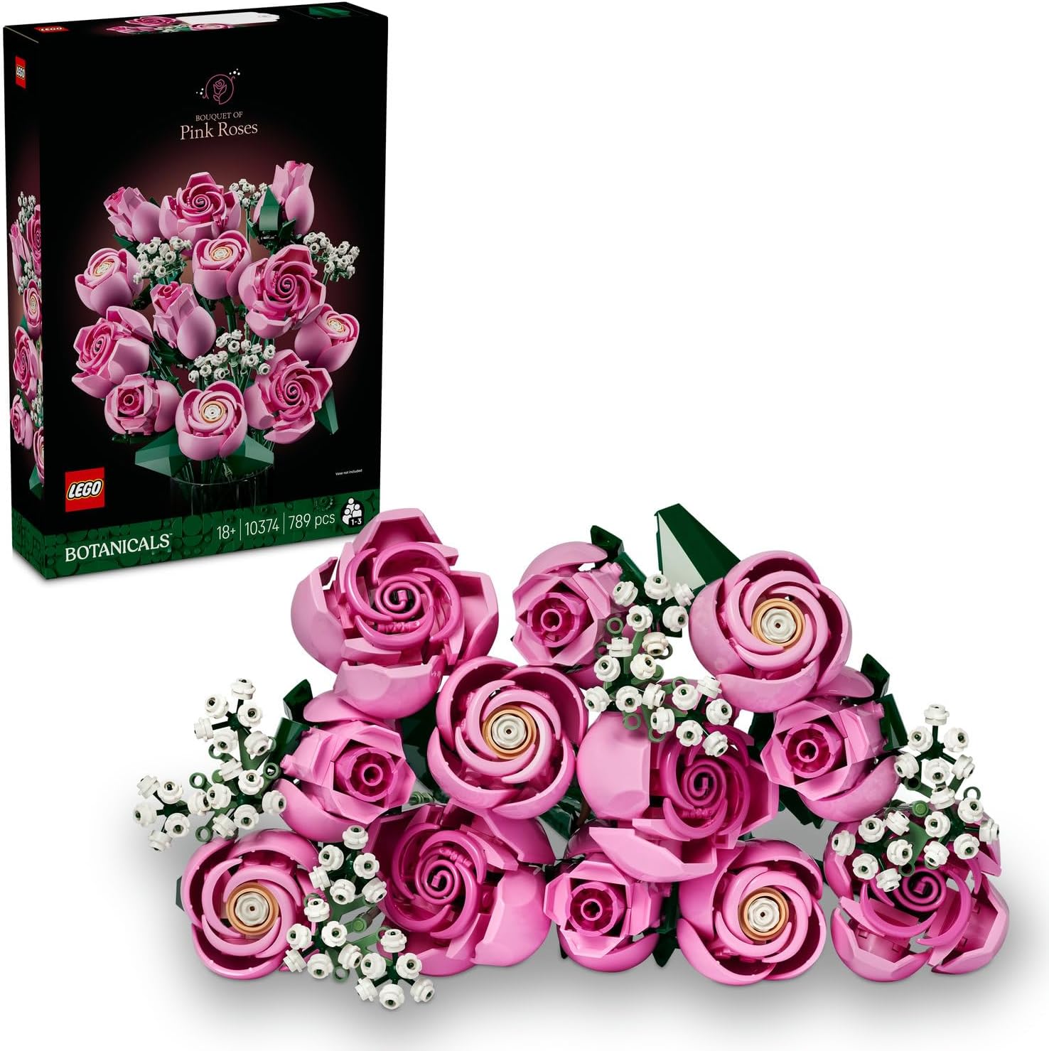 Alternative view of Pembe Gül Buketi 10374 - Yetişkinler için Tomurcuk ve Açmış Olarak 12 Pembe Gül ile 4 Bahar Yıldızı Çiçeği İçeren Sevgililer Günü'ne Özel Dekoratif Model Yapım Seti (789 Parça)