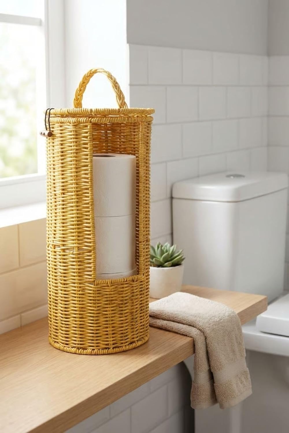 Hasır Görünümlü Plastik Rattan Tuvalet Kağıdı Standı, Askılı Kapaklı WC Kağıtlık, Yedekli Banyo Organizer, 37x17 cm - Görsel 3