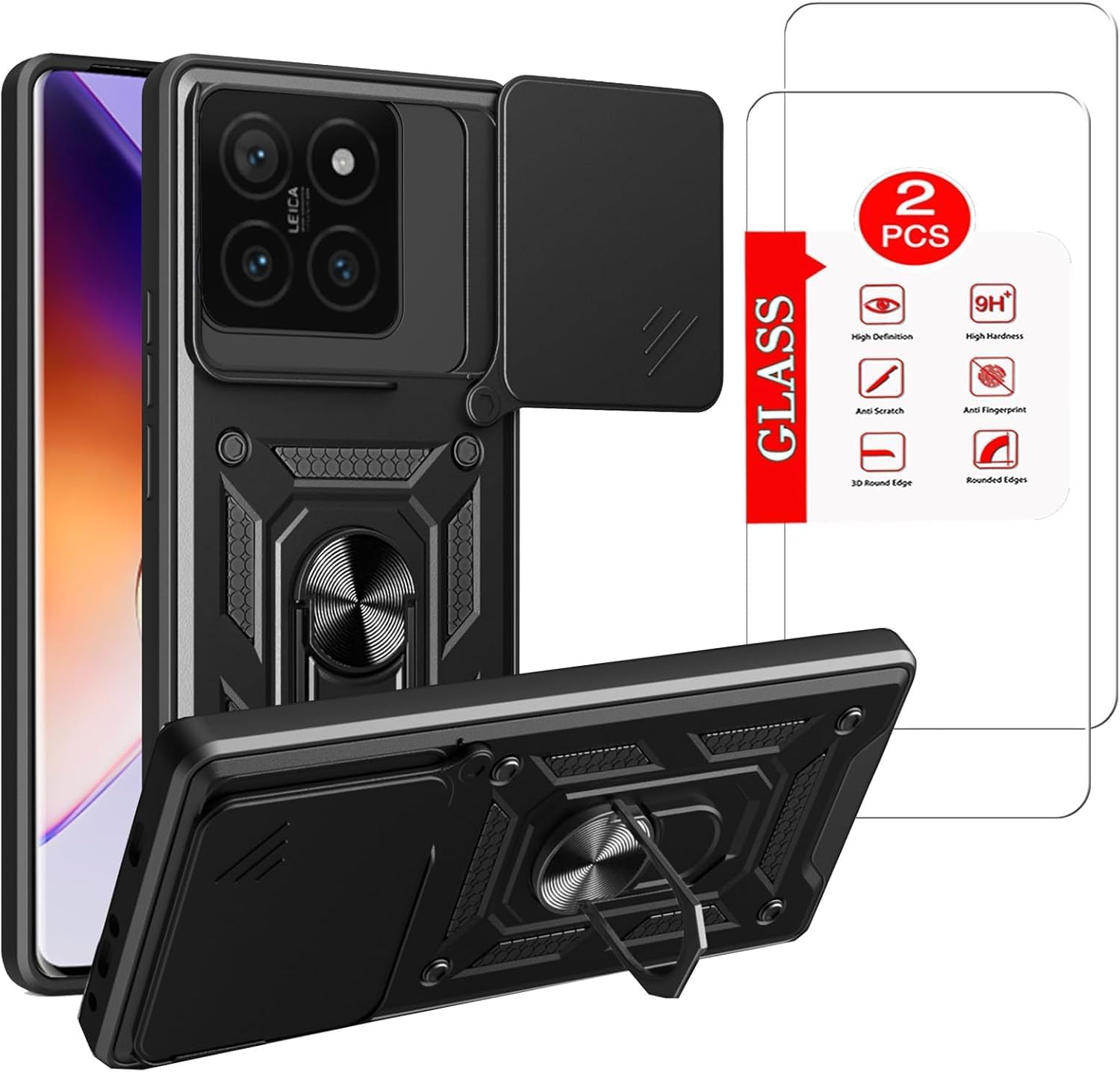 Xiaomi 14T Pro Uyumlu Kılıf – 2 Adet Ekran Koruyucu Dahil, Siyah | Tank Düzey Koruma | Mıknatıslı Stand | Kamera Lens Koruması | Araç İçi Mıknatıslı Tutucu ile Uyumlu - Görsel 2