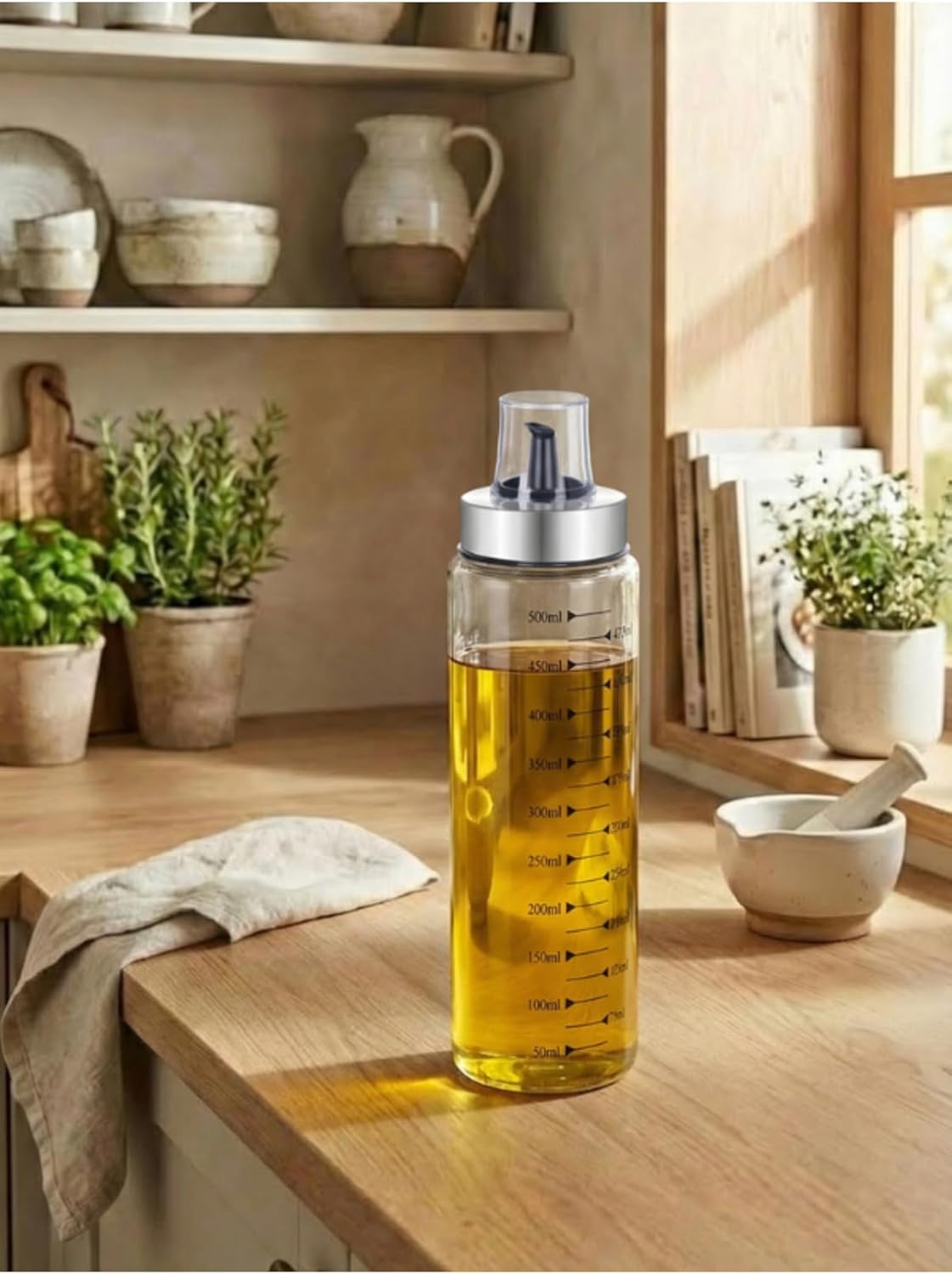 Metal Kapaklı Ölçülü Yağdanlık, Cam, Şeffaf, 550 ML - Görsel 3