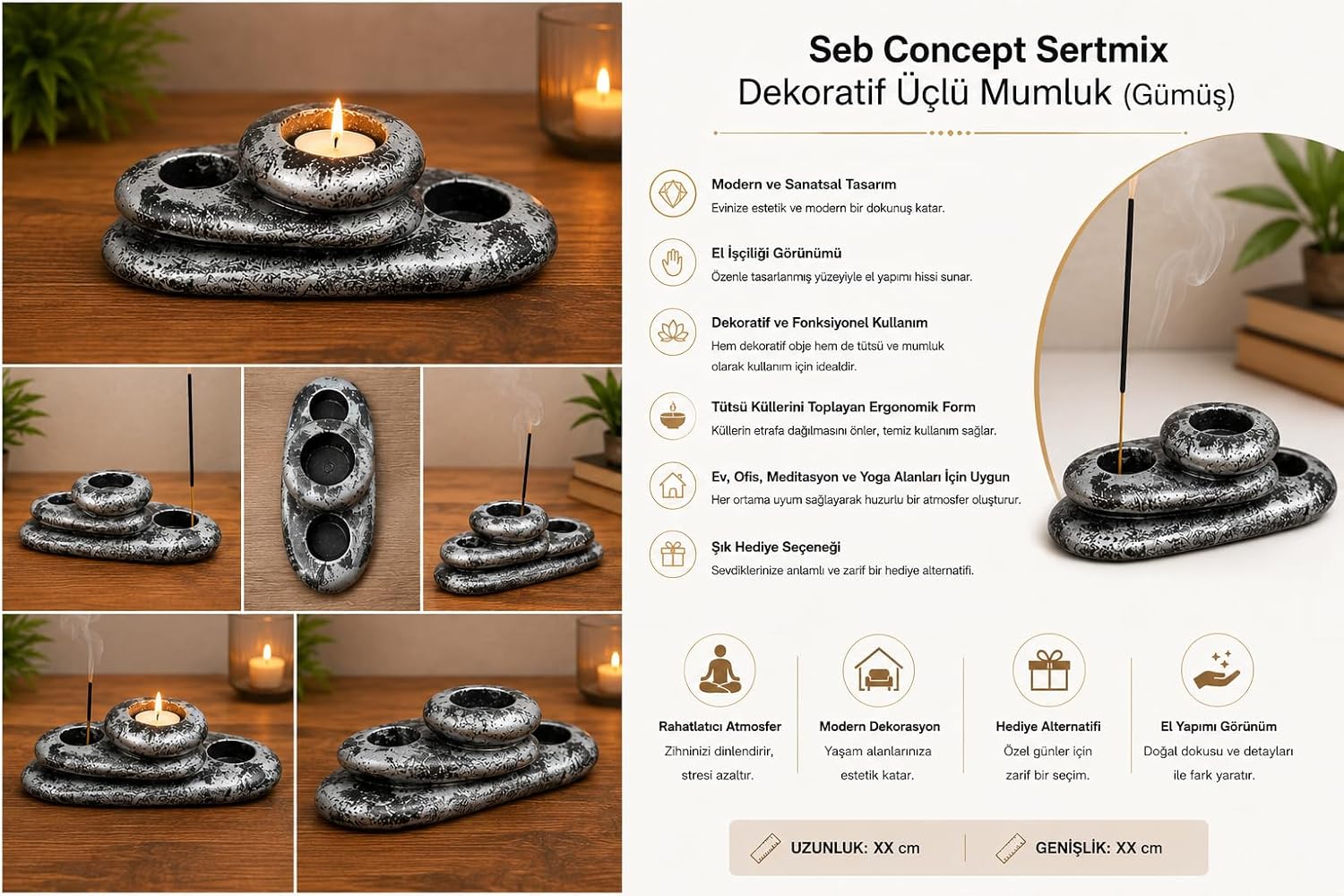 Alternative view of Seb Concept Sertmix Dekoratif Üçlü Mumluk (Gümüş)
