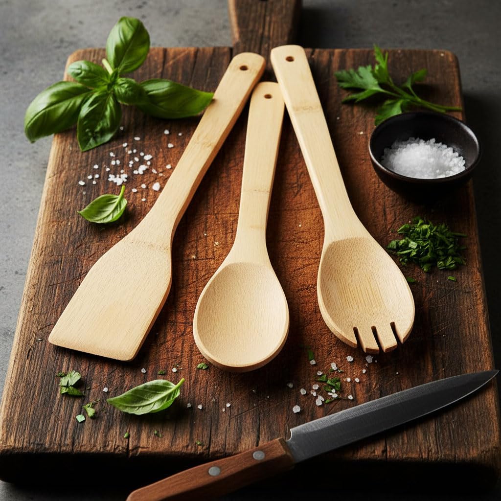 3'lü Bambu Mutfak Gereç Seti – Doğal Ahşap Spatula, Kaşık ve Servis Çatalı | Yapışmaz Tencere Dostu, Antibakteriyel ve Isıya Dayanıklı Ahşap Mutfak Seti (30 cm) - Görsel 3
