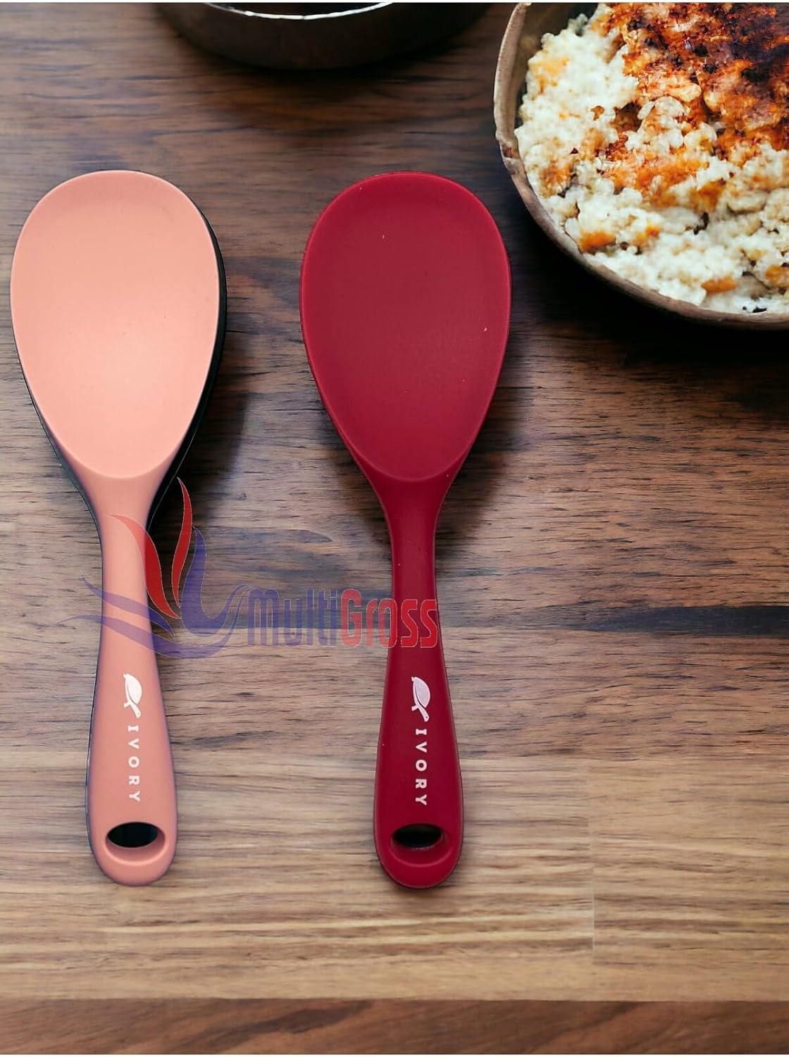 Sert Uçlu Isıya Dayanıklı Yanmaz Yapışmaz Silikon Kaşık 2'li Set, 22 cm, Somon-Fuşya - Görsel 2