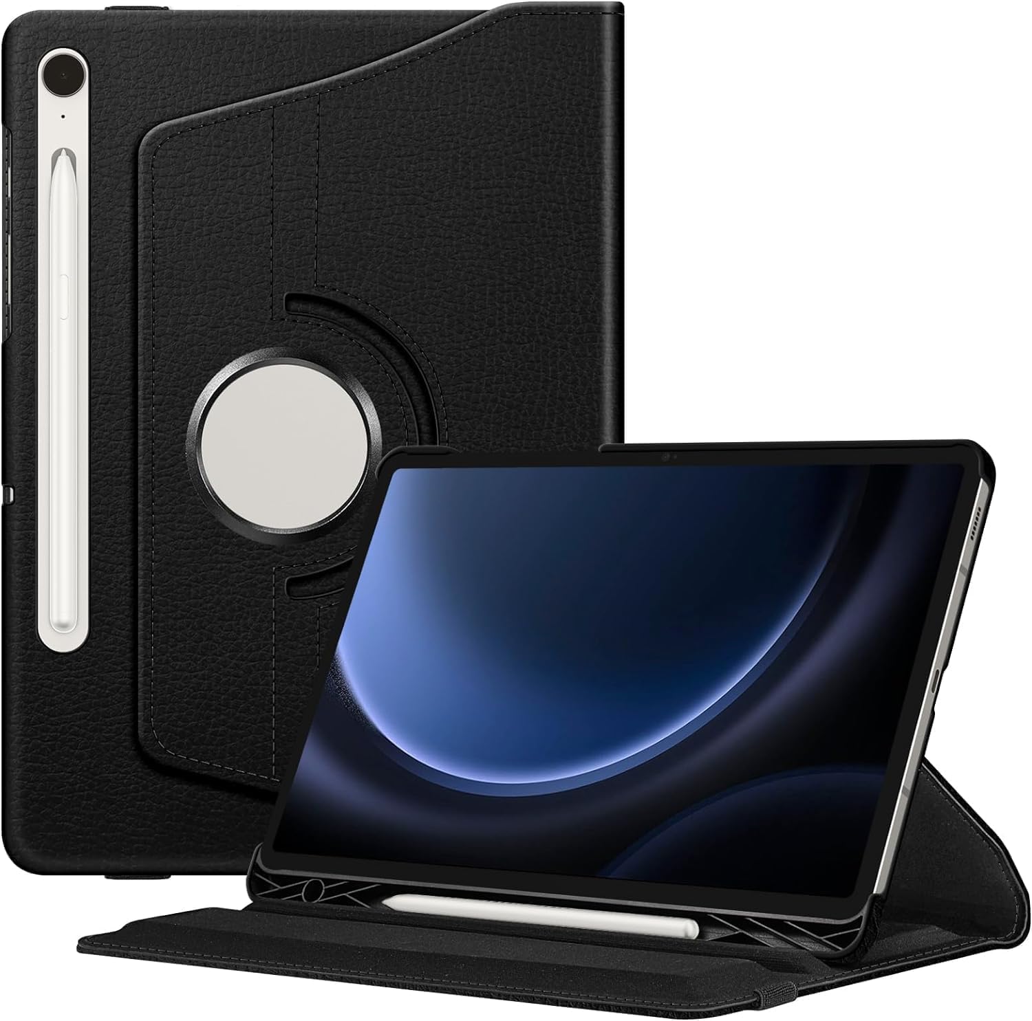Alternative view of Galaxy Tab S9 FE X510 Kılıf, 360 Derece Dönebilen Standlı Deri Akıllı Tablet Kılıfı, Kalem Bölmeli Elastik Bandajlı Koruyucu Kapak - Siyah
