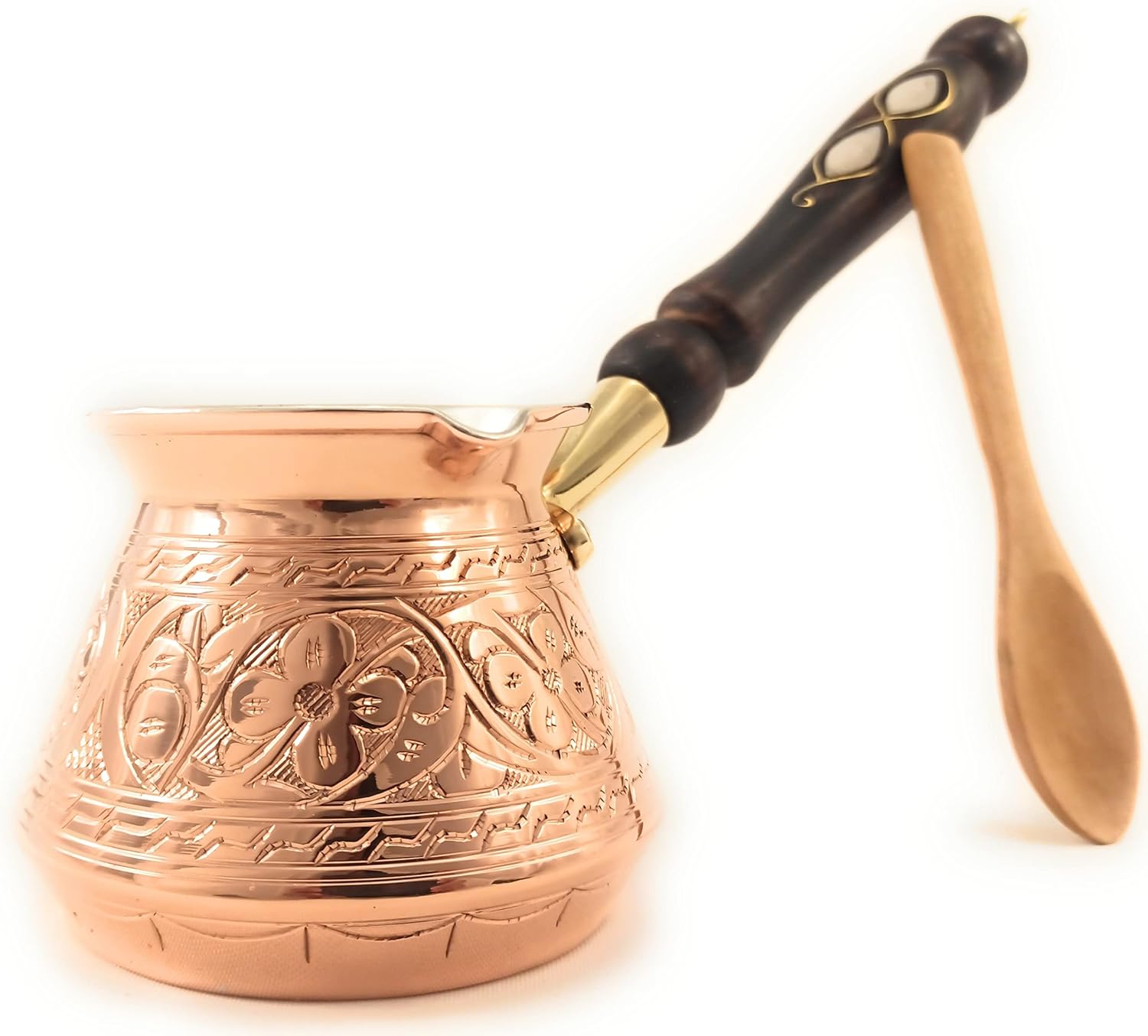 ACI Serisi (Orta-14 fl oz) - En Kalın Masif Oyulmuş Bakır Ahşap Saplı Türk Yunan Arapça Cezve, Ocak Üstü Kahve Makinesi, Jazzve, Cezve, Ibrik, Briki, Café Turco