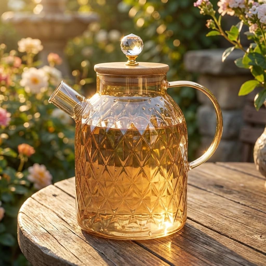 Lusterli Borosilikat Cam Sürahi - Isıya ve Ateşe Dayanıklı, Bambu Kapaklı ve Kulplu Şık Sürahi (1.6 Litre) - Görsel 2