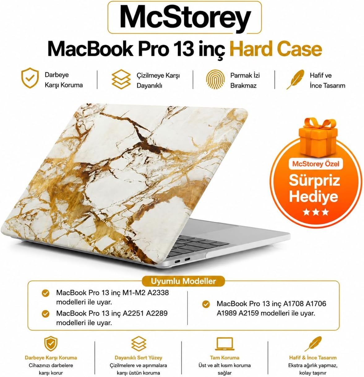 Alternative view of MacBook Pro 13 Mermer Desenli Kılıf A1706 A1708 A1989 A2159 A2251 A2289 A2338 M1 M2 Uyumlu Baskılı Sert Kılıf İnce Hafif TPU Koruyucu Kapak Sarı