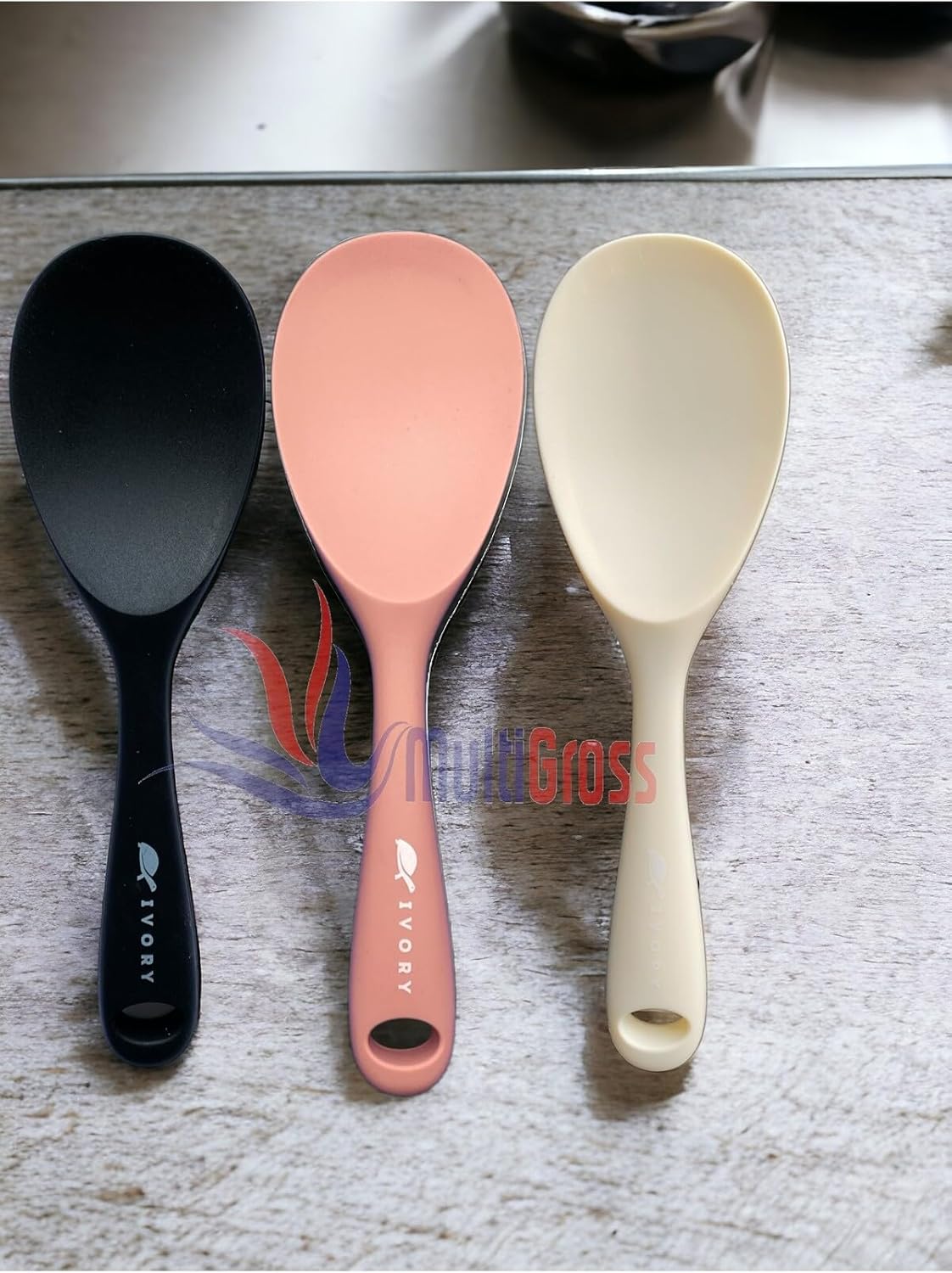 Sert Uçlu Isıya Dayanıklı Yanmaz Yapışmaz Silikon Kaşık 3'lü Set, 22 cm, Siyah-Somon-Krem