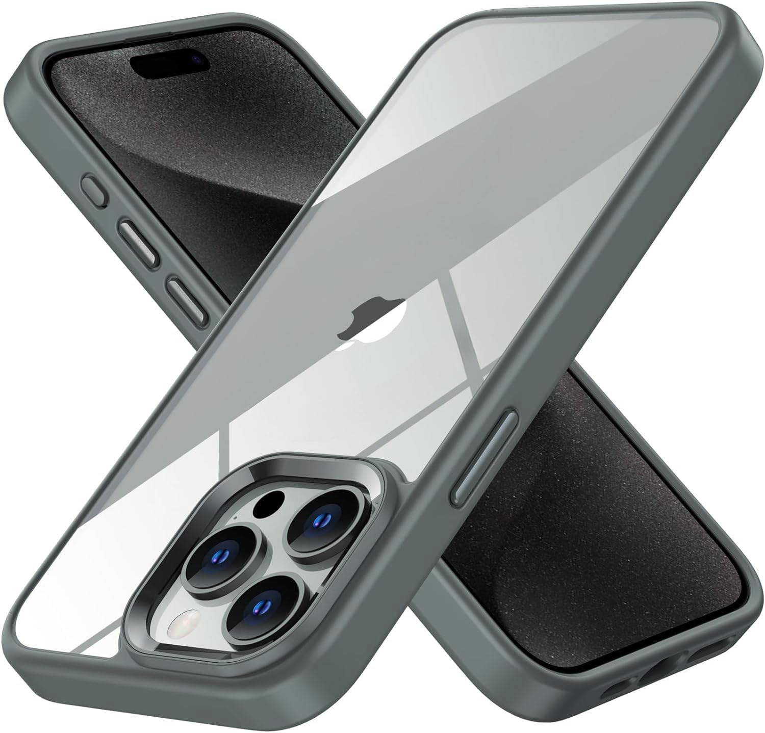 iPhone 15 Pro Max için Hybrid Serisi Arkası Kristal Şeffaf Polikarbonat Kenarları Silikon Kamera Lens Çerçevesi ve Tuşları Metal Yüksek Kalite Şeffaf Silikon Kılıf (Titanyum Gri, Klasik) - Görsel 3