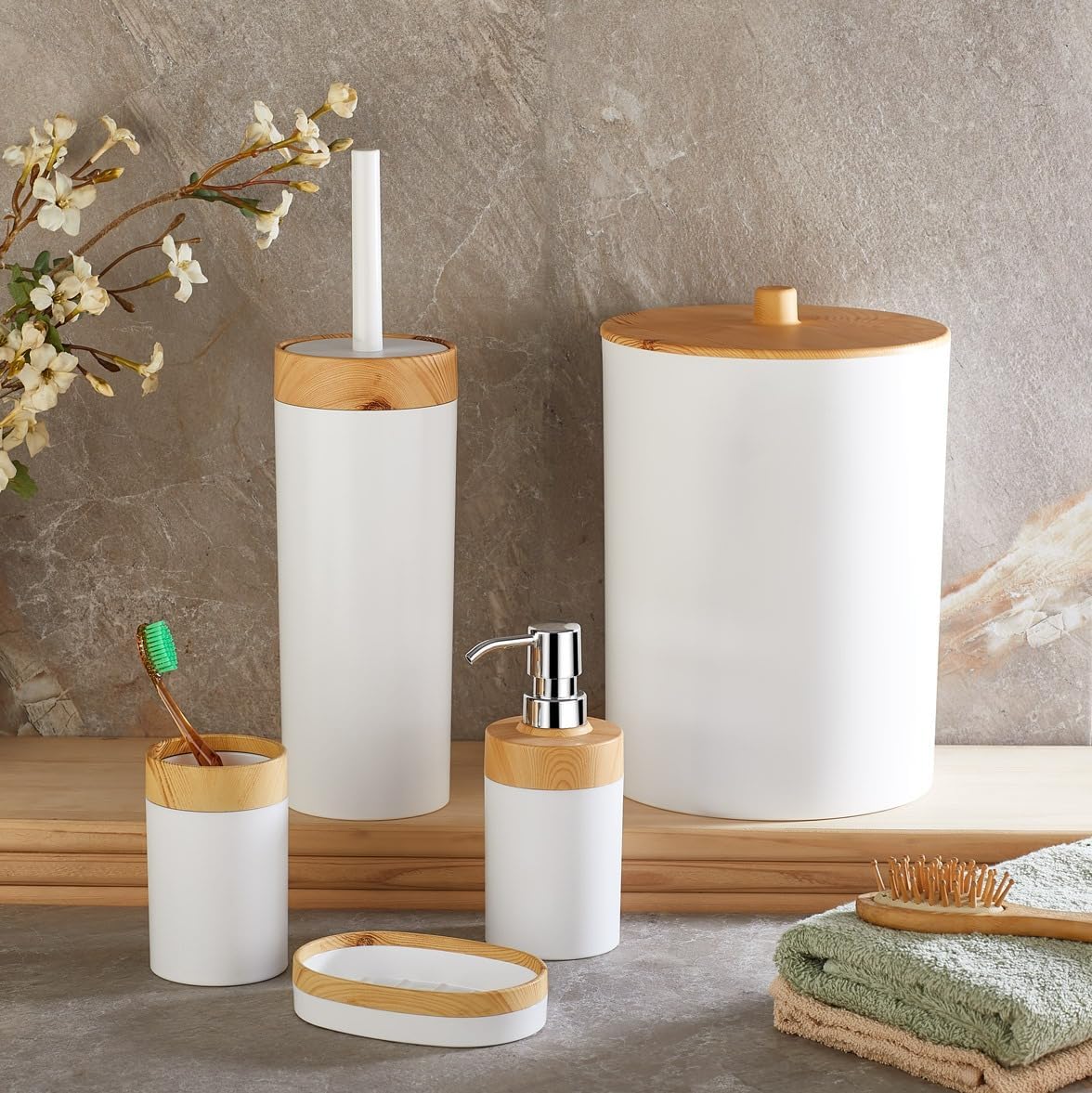 5 Parça Lüx Bambu Görünümlü Banyo Seti | 10 Litre Çöp Kovası ve Antibakteriyel Tuvalet Fırçası (BEYAZ)