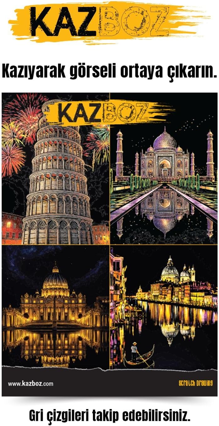 Kazboz Kazıma Sanatı Yapılar, Scratch Art Kağıdı, Ahşap Kalem Dahil, 20x28,5 cm, Dünya Anıtları Temalı - Görsel 3