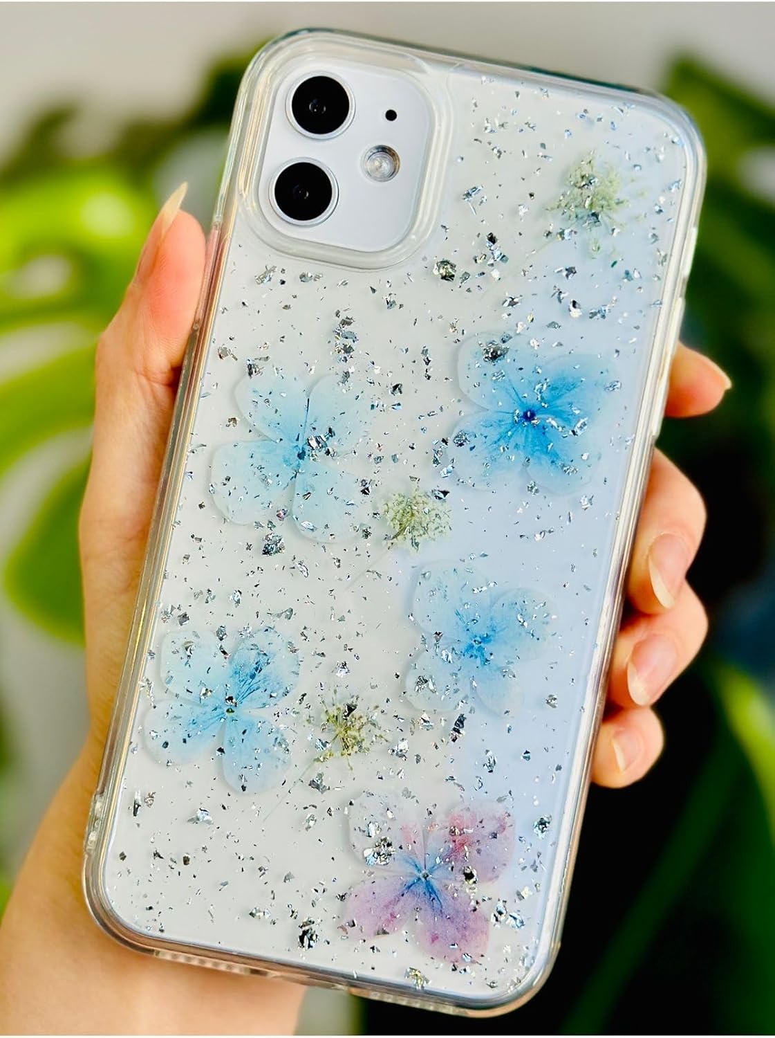 Iphone 11 ile Uyumlu EPOKSİLİ Mavi Simli Çiçek Tasarımlı Oyuncaklı Esnek Silikon Kılıf - Görsel 2
