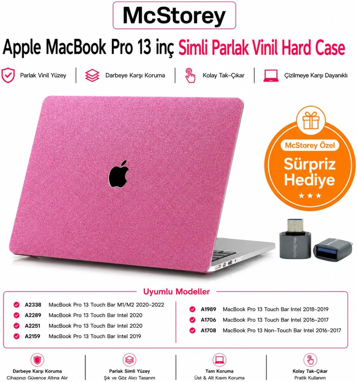 MacBook Pro 13 inç M1 M2 Uyumlu Sert Kapak Kılıf | Simli Parlak Pembe Yüzey | Alt + Üst Kapak | 360° Çizilmeye Dayanıklı Açık Pembe - Görsel 3