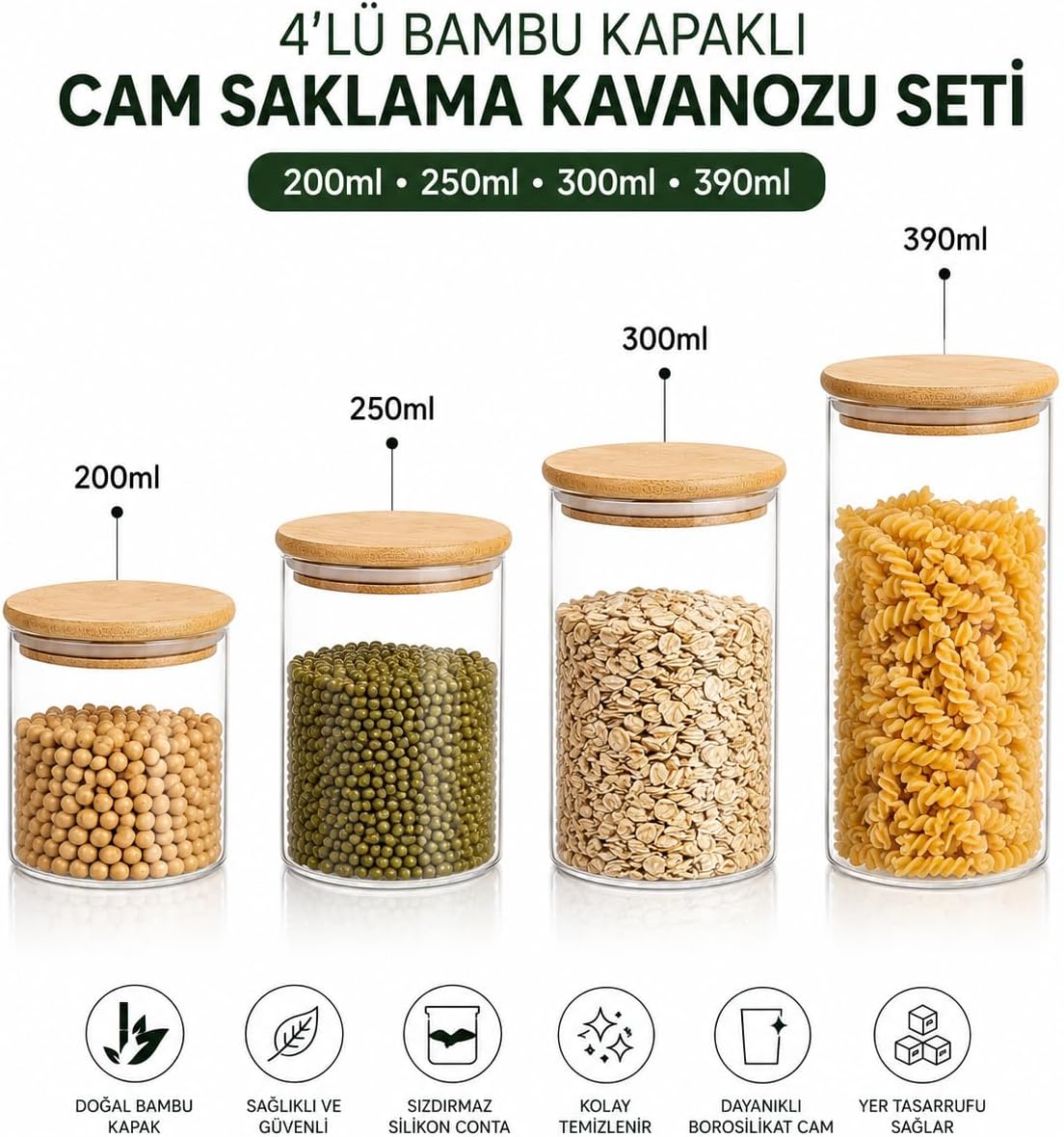 Bambu Kapaklı Cam Saklama Kavanozu Seti, 4'lü, 200ml, 250ml, 300ml, 390ml, Borosilikat Cam, Sızdırmaz Silikon Conta