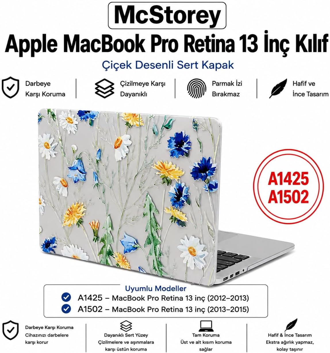 MacBook Pro Retina 13 İnç Kılıf A1425 A1502 Uyumlu Tropikal Yaprak ve Çiçek Desenli Sert Kapak Hard Case İnce Hafif Laptop Koruyucu R-622 - Görsel 3